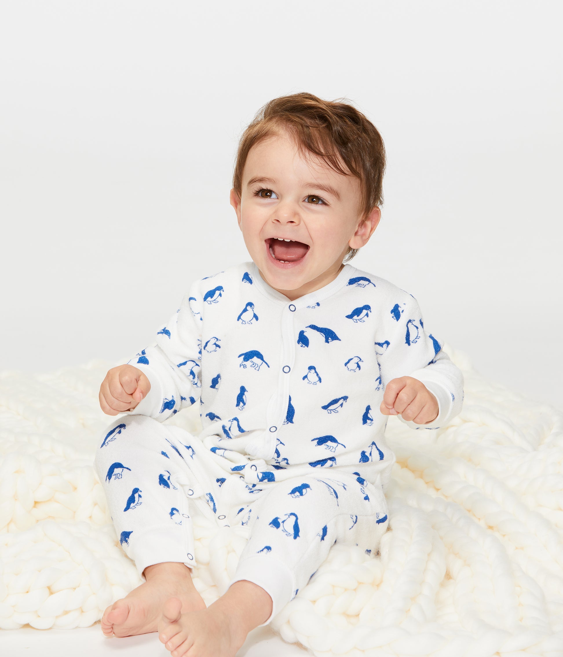 Baby Boys White & Blue Cotton Babysuit