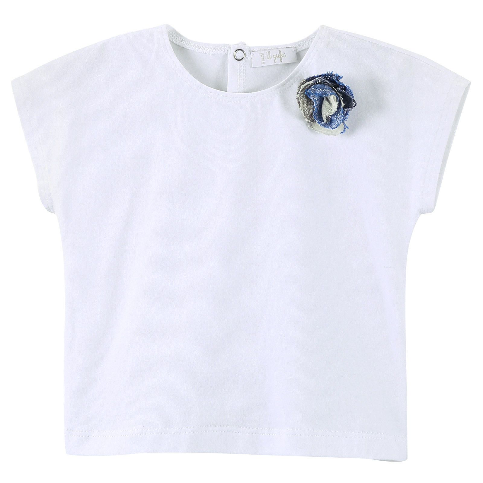 Baby Girls White T-Shirt With Blue Flower Patch Trims - CÉMAROSE | Children's Fashion Store - 1