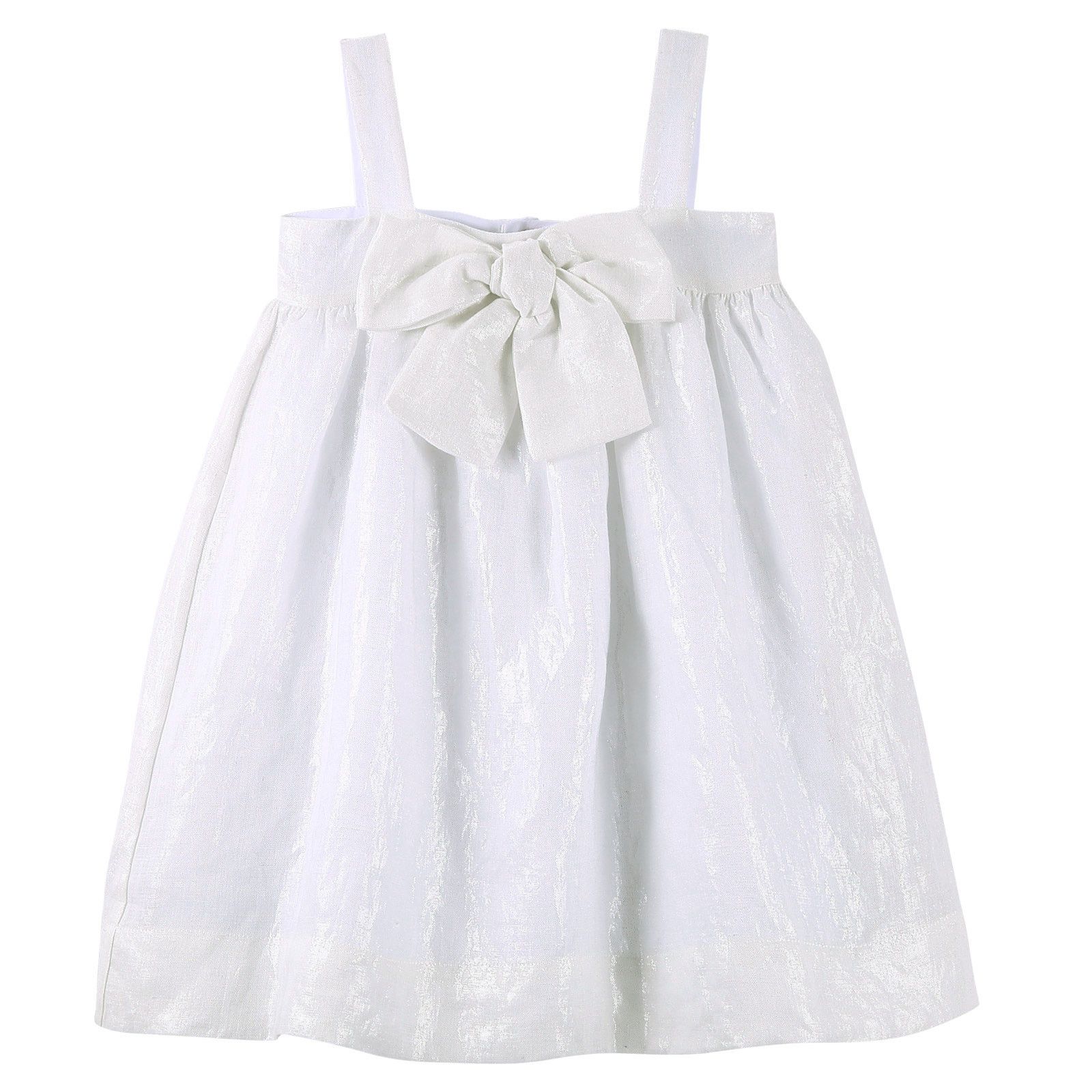 Girls White Linen Sleeveless Dress With Bow Trims - CÉMAROSE | Children's Fashion Store - 1
