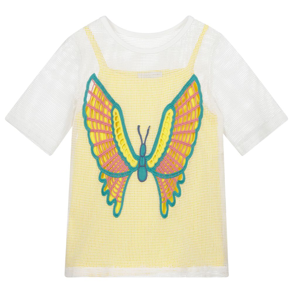 Girls White Butterfly Cotton Knit Dress