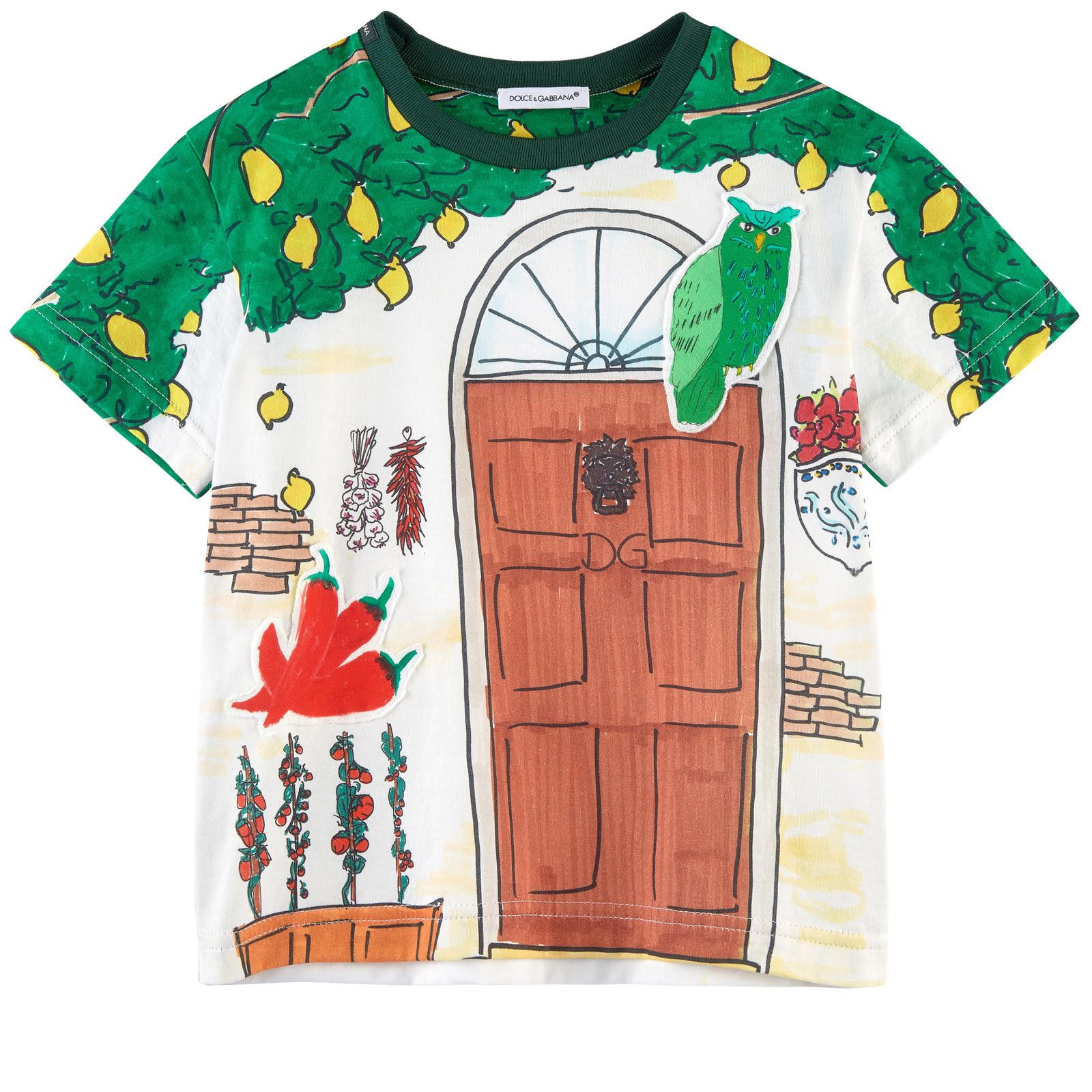 Boys White&Green Door Printed Cotton Jersey T-Shirt - CÉMAROSE | Children's Fashion Store - 1