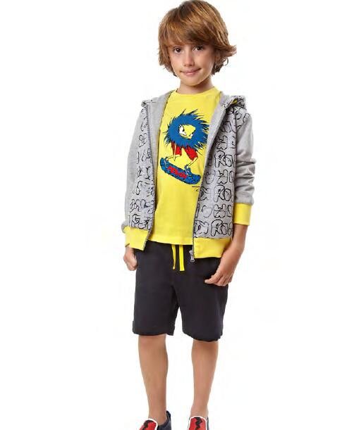 Boys Grey Cotton Printed Trims Zip-up Tops With Yellow Cuffs - CÉMAROSE | Children's Fashion Store - 2