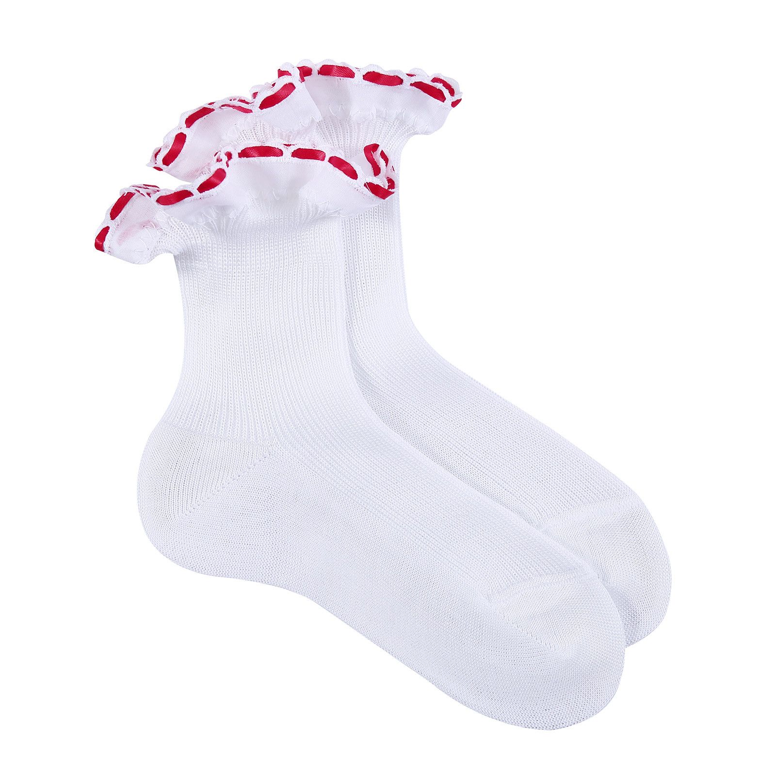 Girls White Cotton Short Socks With Red Strap Ankle - CÉMAROSE | Children's Fashion Store