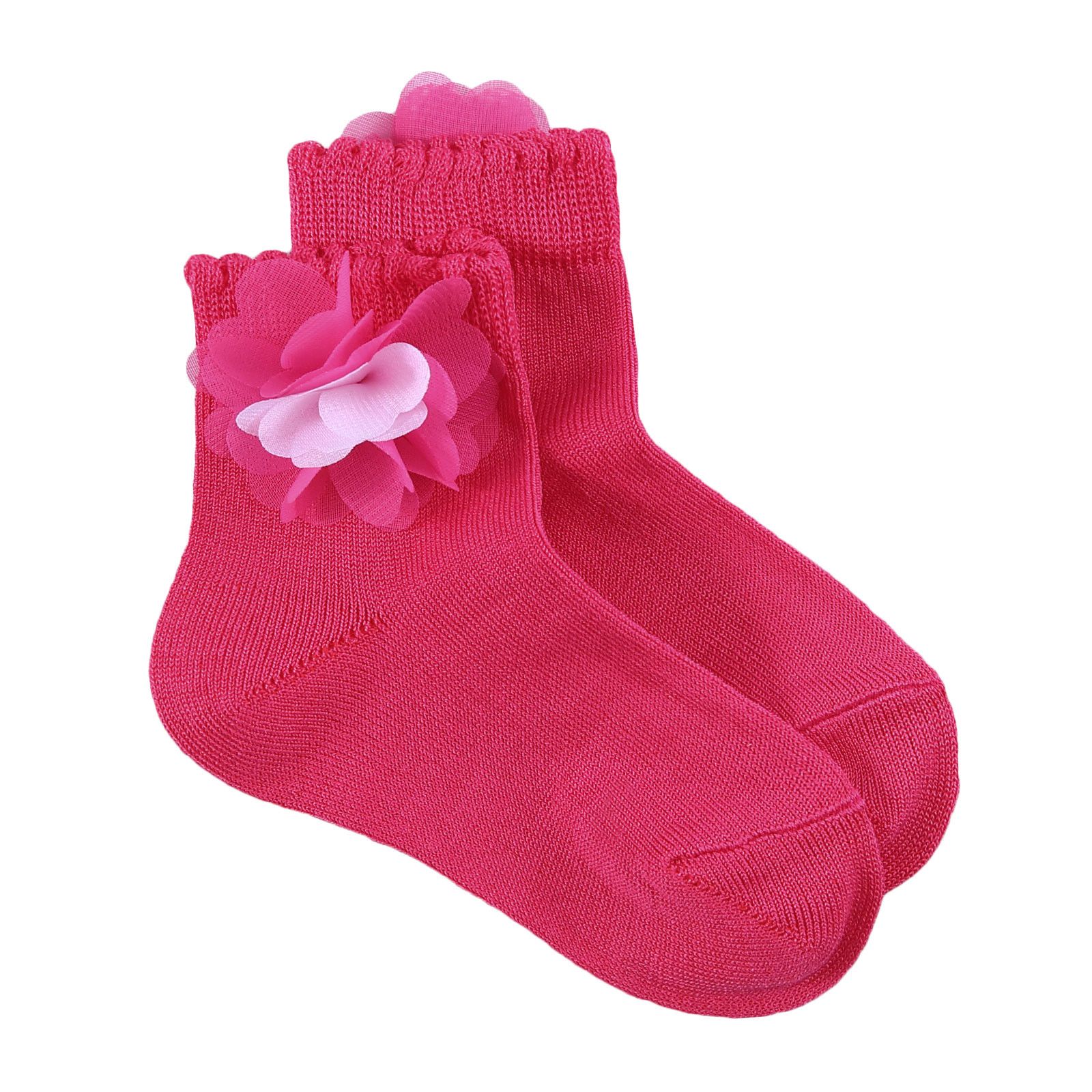 Girls Dark Red Cotton Short Socks With Patch Flower Trims - CÉMAROSE | Children's Fashion Store