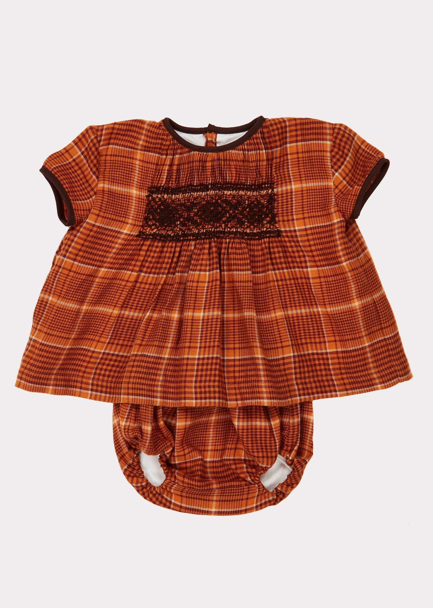 Ensemble Tunique et Legging en Tissu Carreaux Orange avec Broderie Colombe pour Bébé Fille