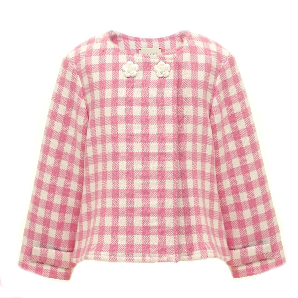 Baby Girls Pink Check Wool Jacket With Patch Trims - CÉMAROSE | Children's Fashion Store - 1