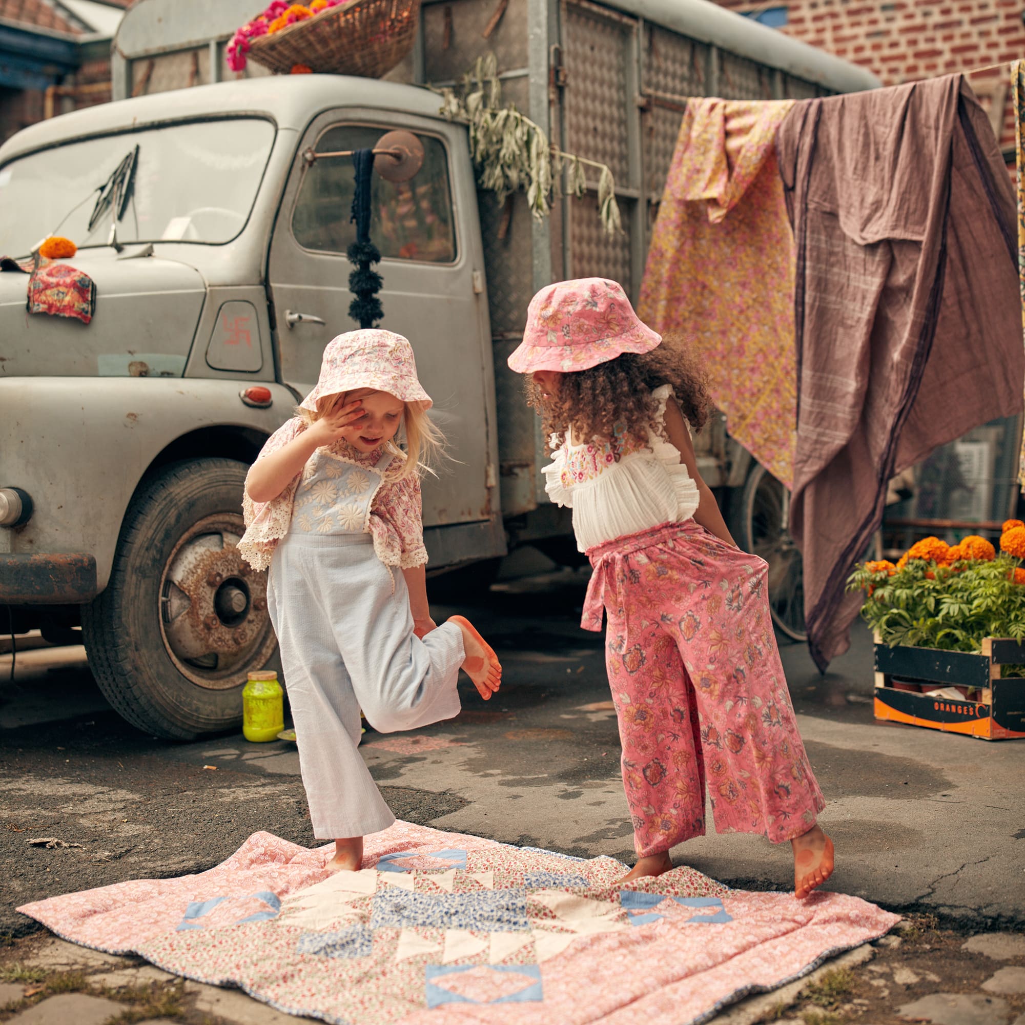 Girls White Floral Cotton Hat