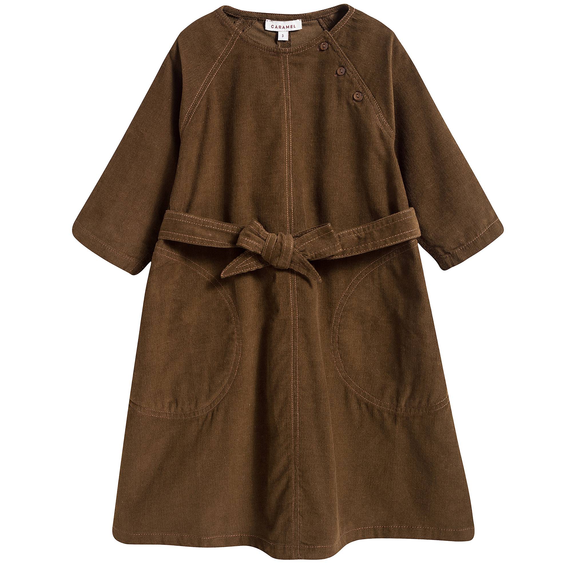 Girls Brown Cotton Dress With Belt