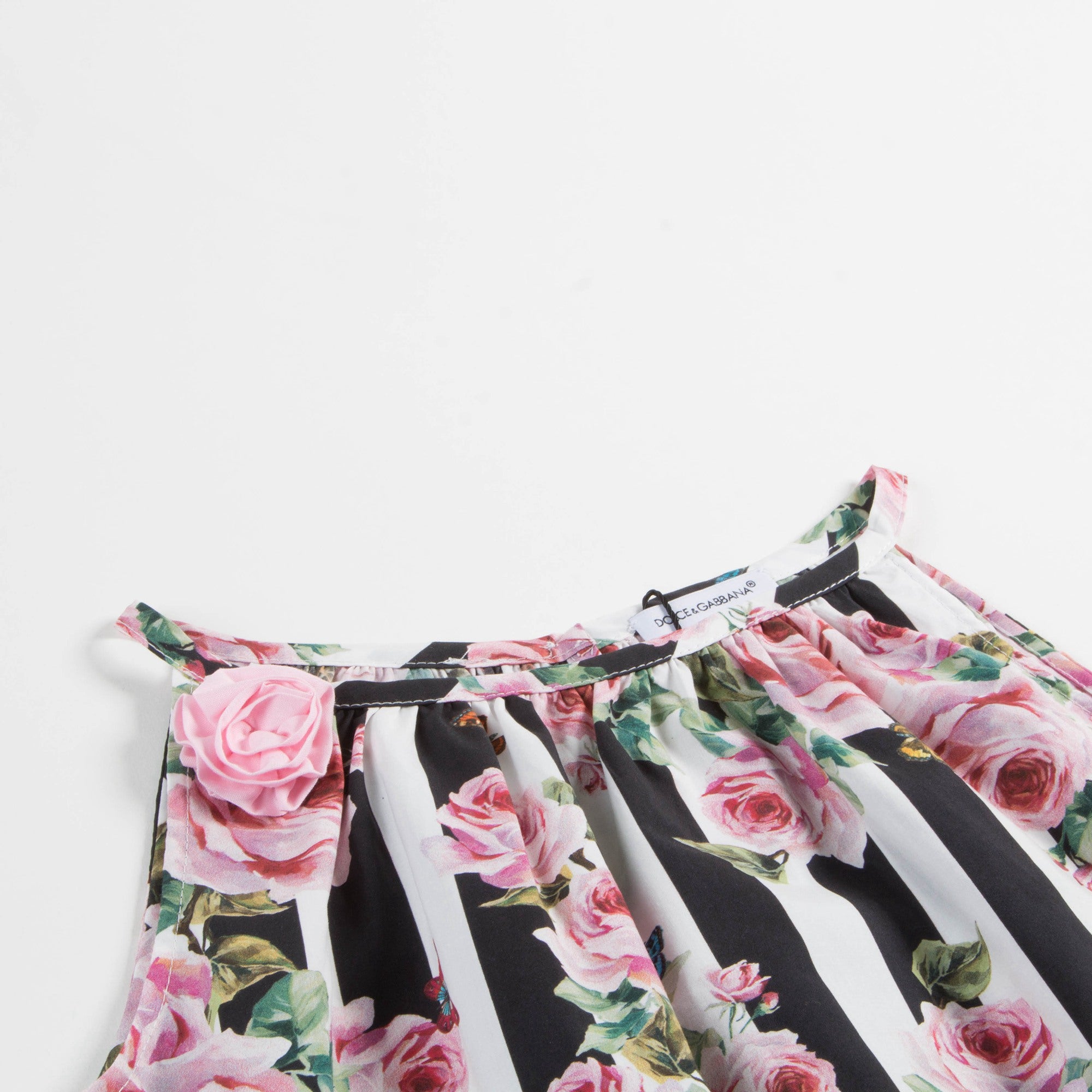 Baby Girls Pink&Black Striped Rose Cotton Dress