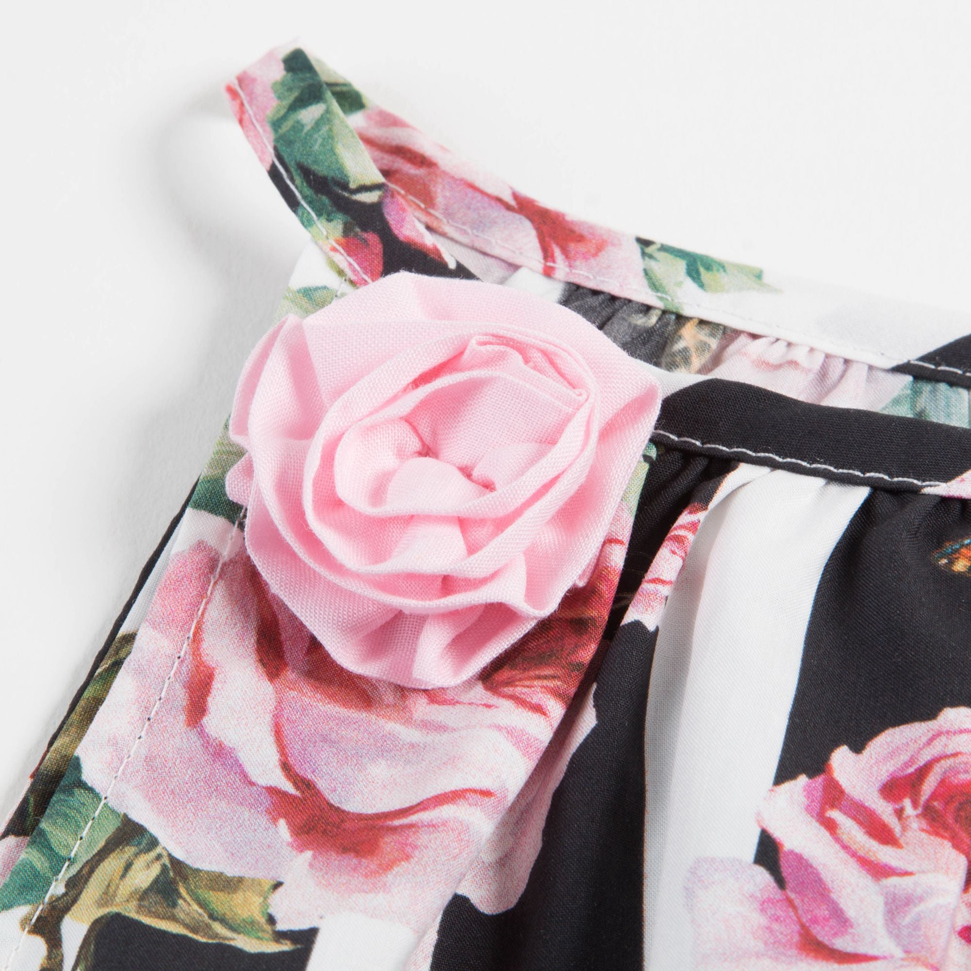 Baby Girls Pink&Black Striped Rose Cotton Dress