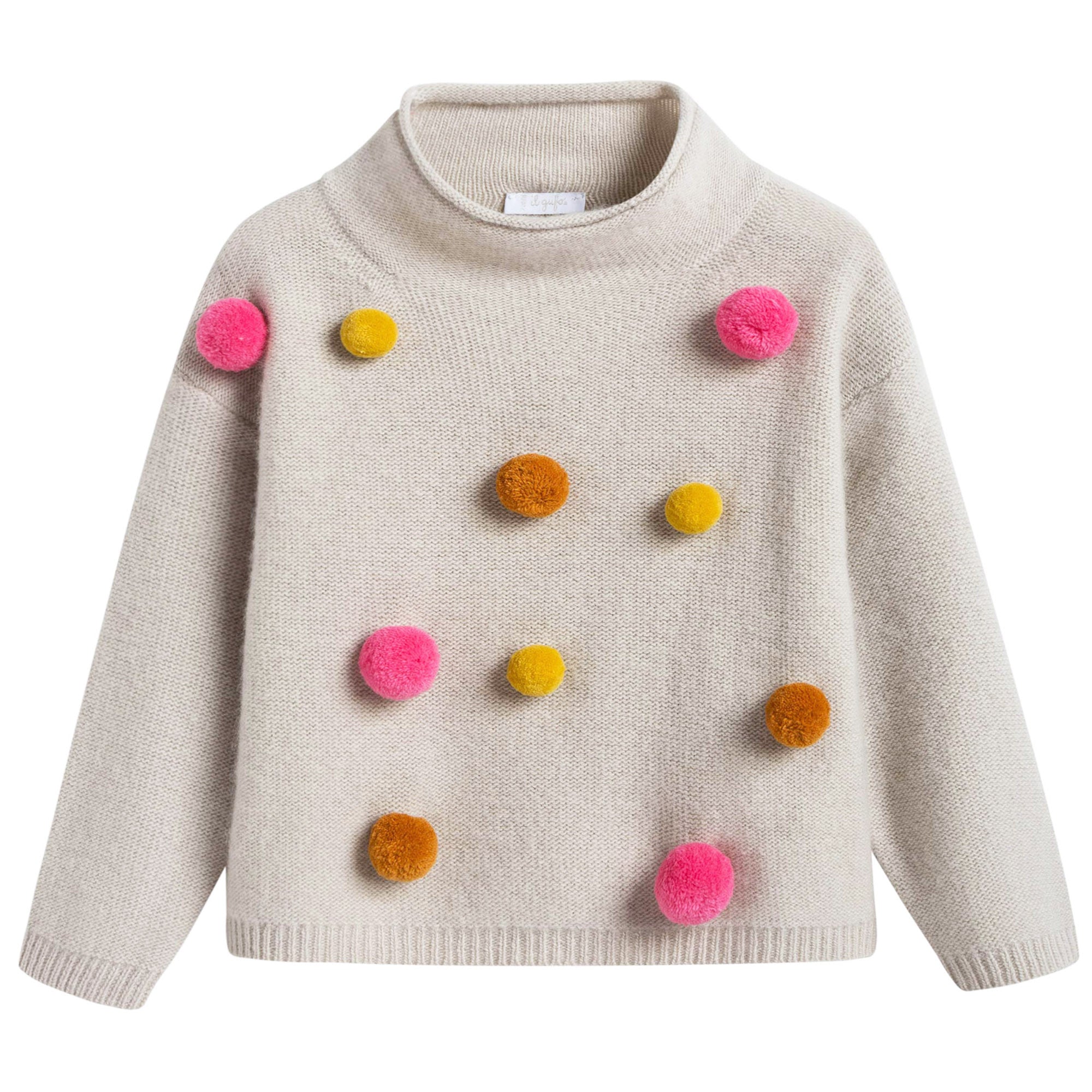 Girls Beige Wool Sweater With Pom-Pom Trims
