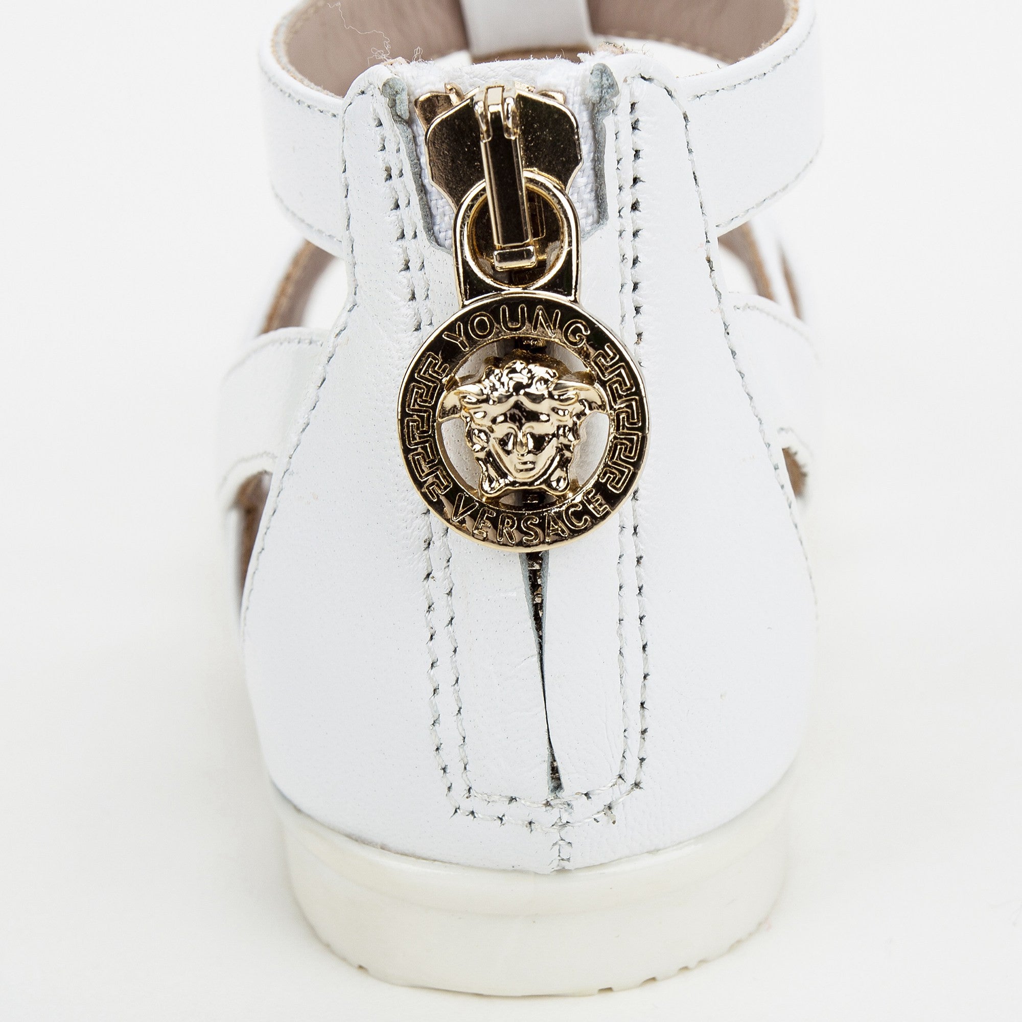 Girls White Sandals With Gold Medusa Logo
