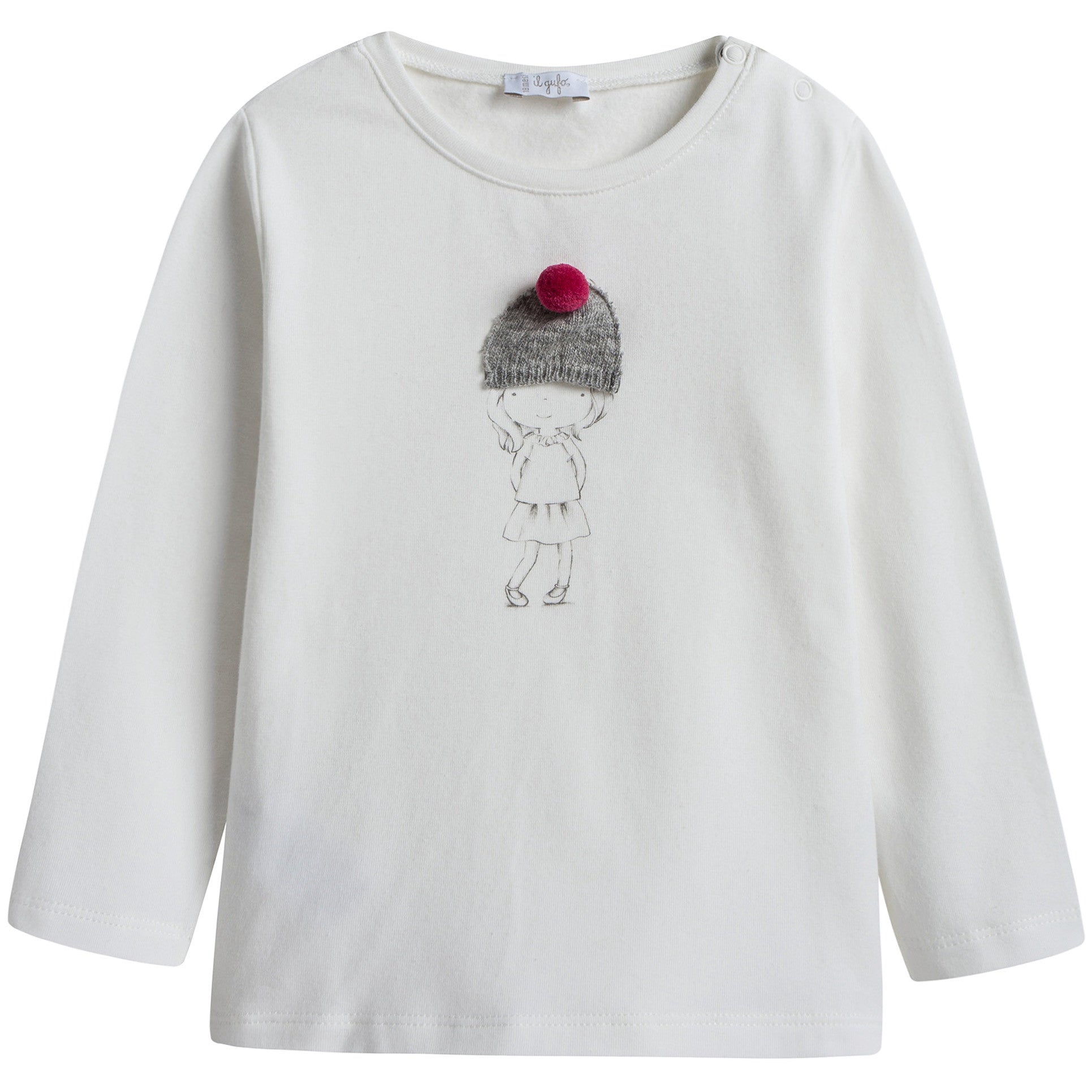 Baby Girls Milk White Cotton T-Shirt With Orchid Pink Pom-pom
