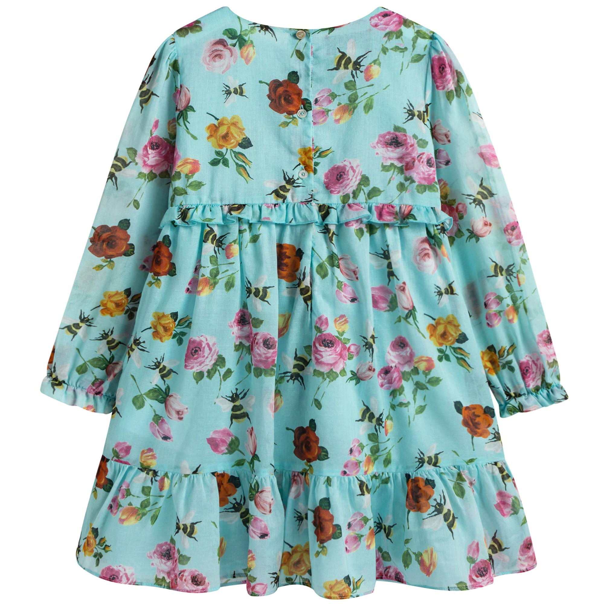 Baby Girls Blue Cotton Dress With Multicolor Flower Print Trims
