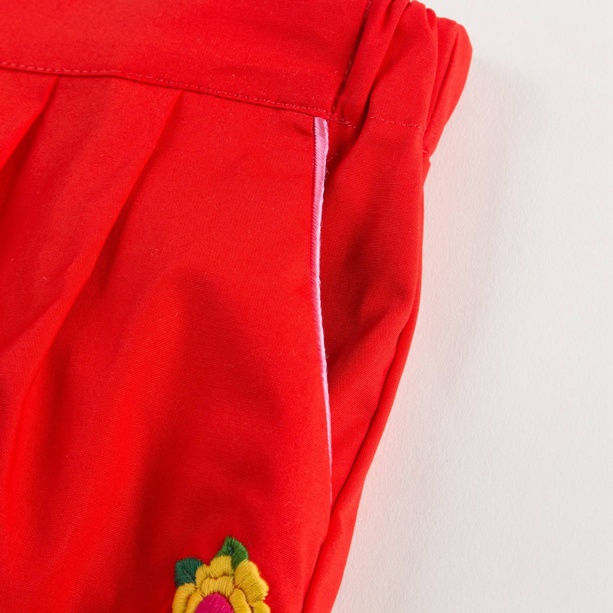 Baby Girls Red Cotton Embroidered Shorts