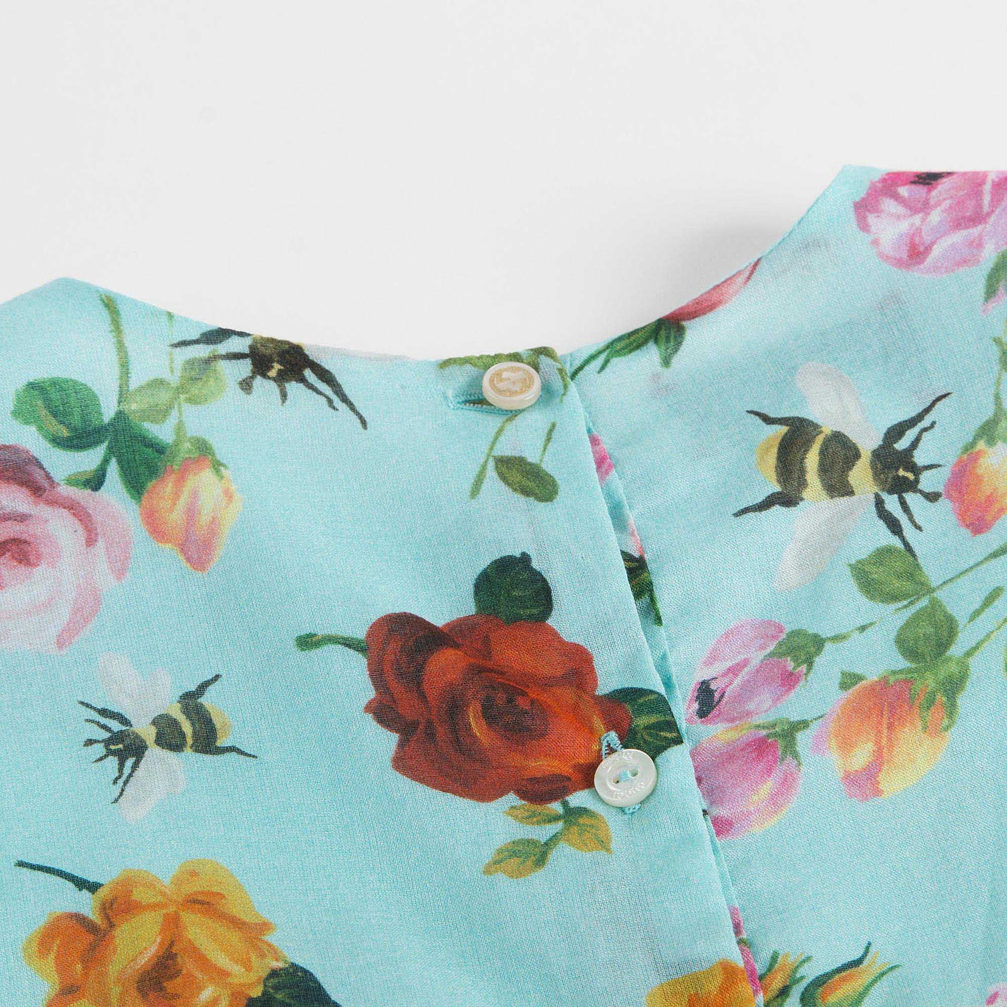 Baby Girls Blue Cotton Dress With Multicolor Flower Print Trims