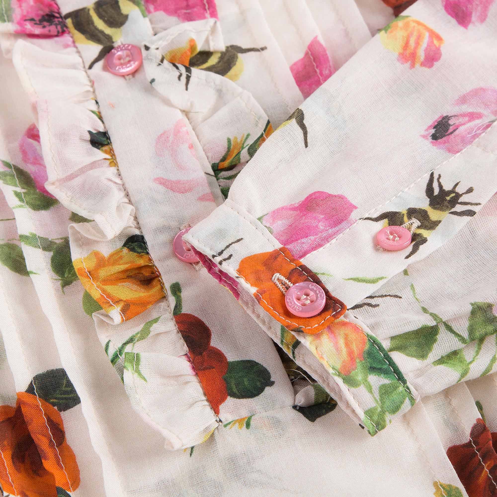 Girls White Cotton Dress With Multicolor Flower Print Trims