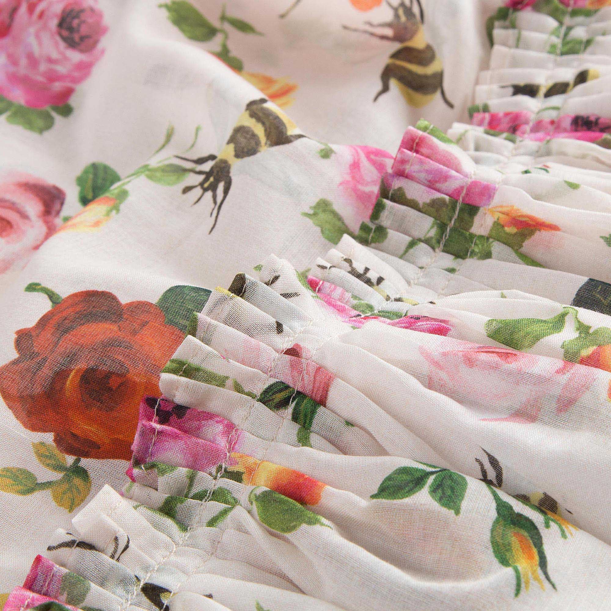 Girls White Cotton Dress With Multicolor Flower Print Trims
