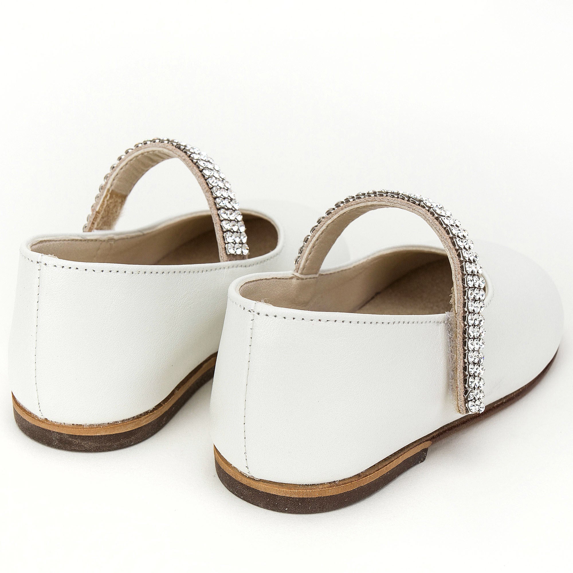 Girls Ivory Leather Shoes With White Diamond Trims