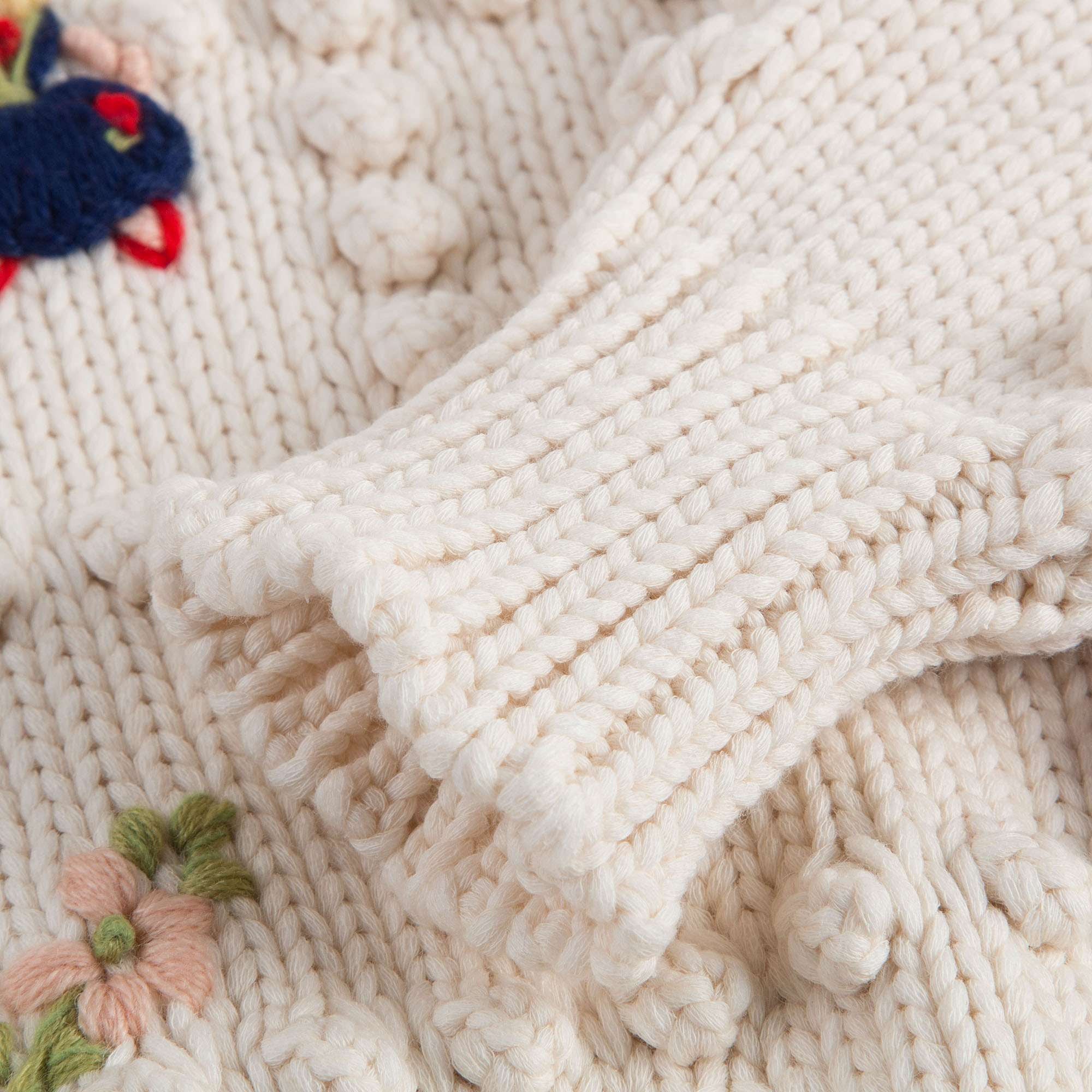Girls White Knitted Trims Cotton Sweater