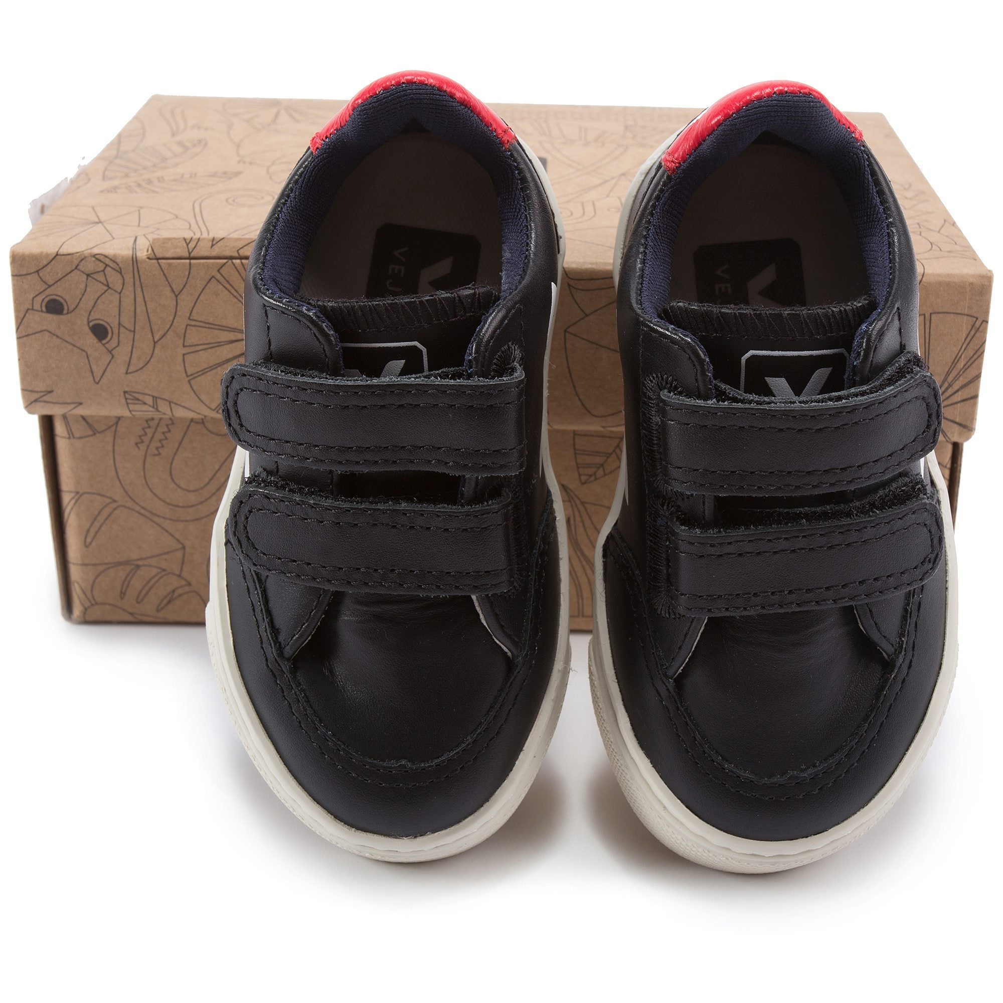 Boys Black Leather Velcro With White "V" Shoes