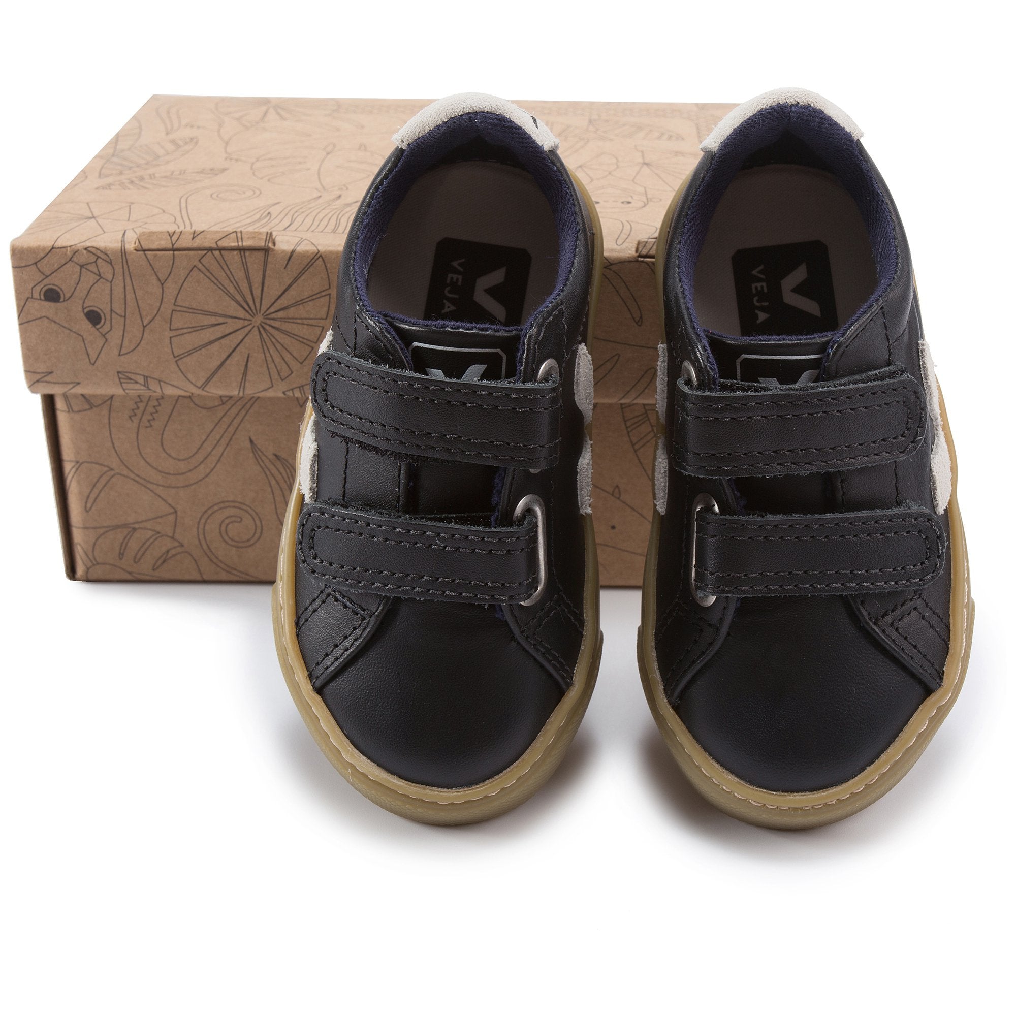 Boys Black Leather Velcro With White "V" Shoes