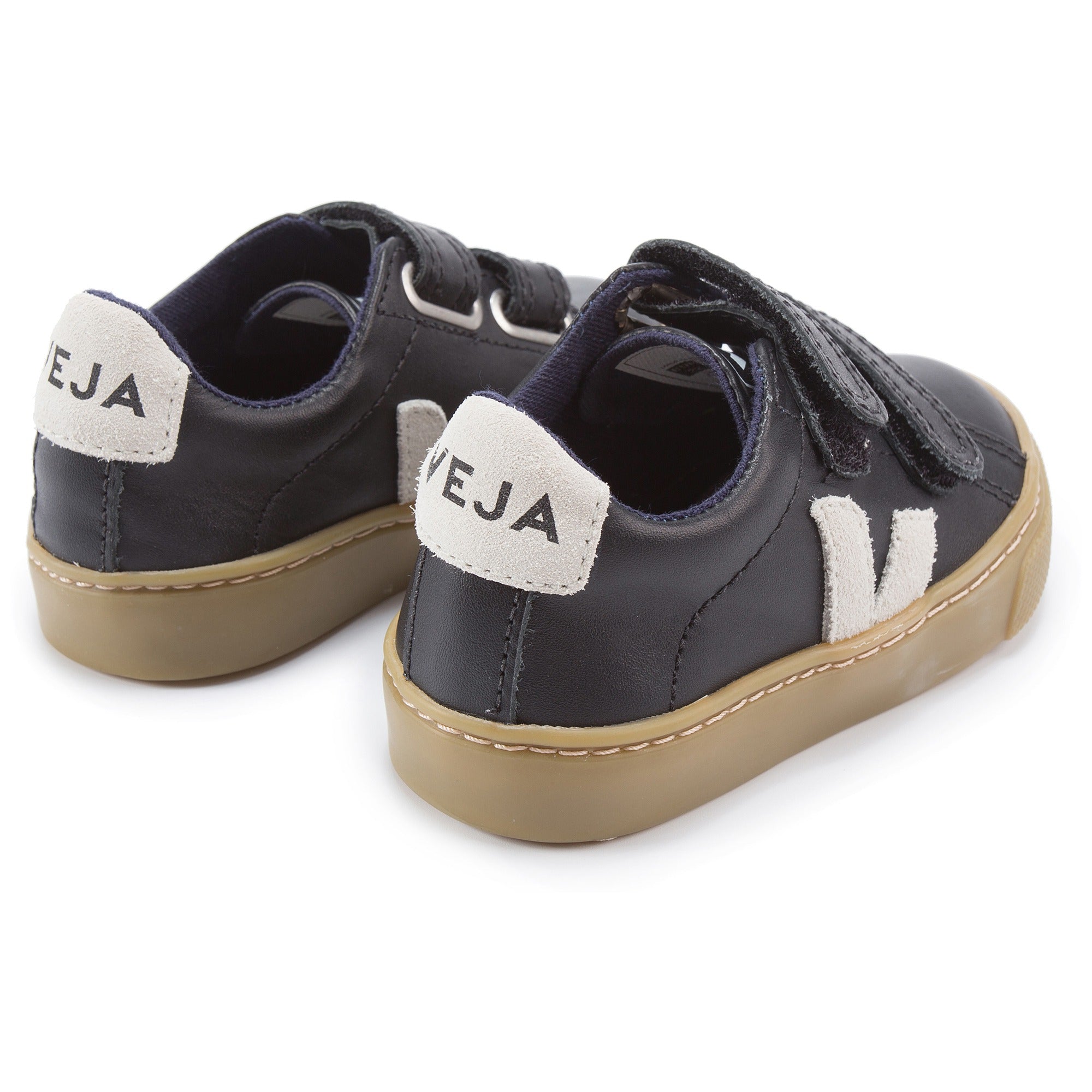 Boys Black Leather Velcro With White "V" Shoes