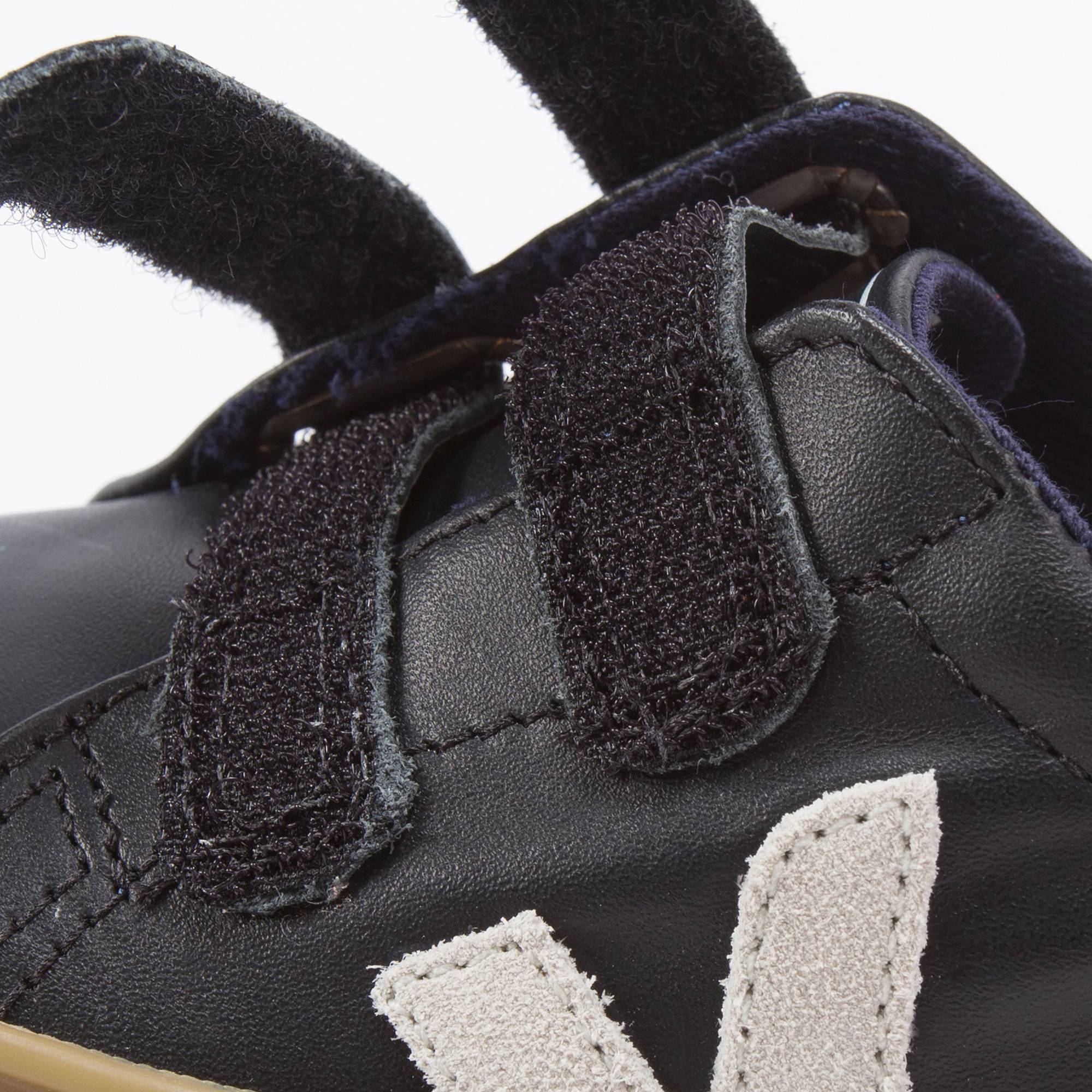 Boys Black Leather Velcro With White "V" Shoes
