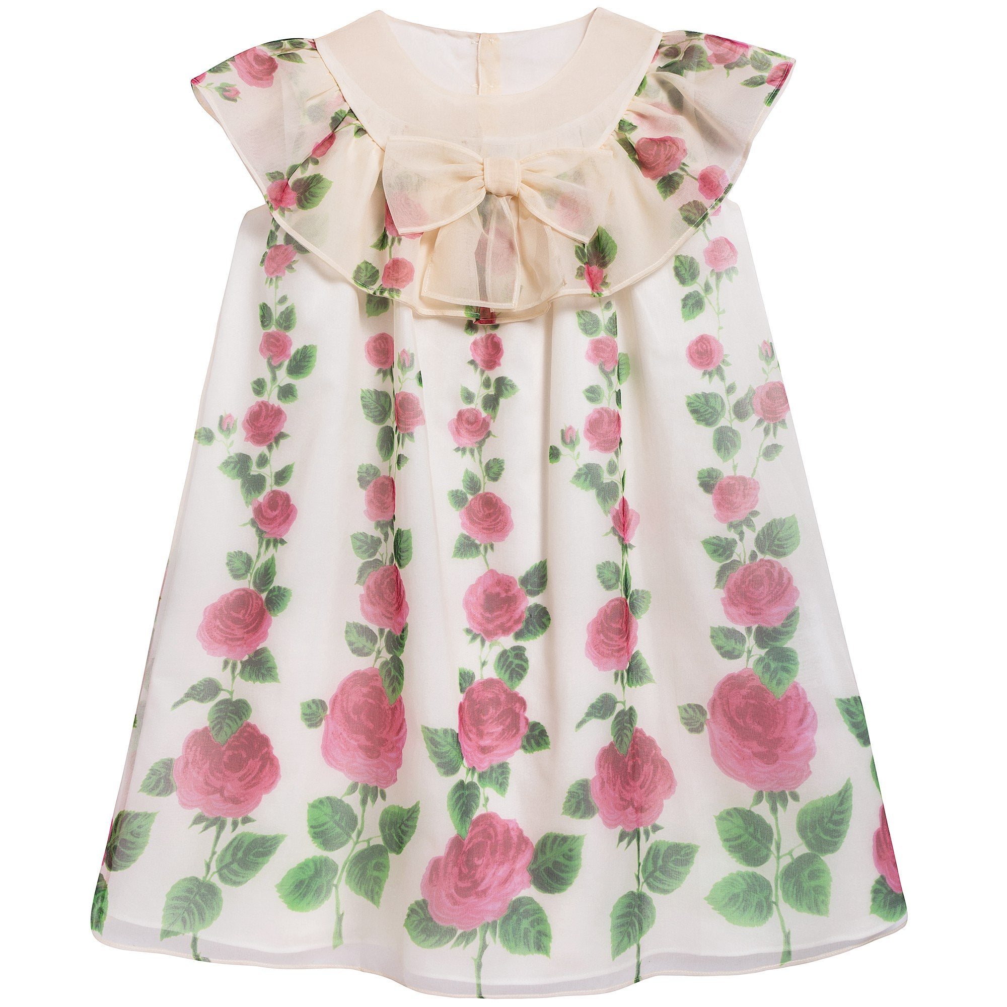 Girls Ivory & Pink Printed Silk Dress