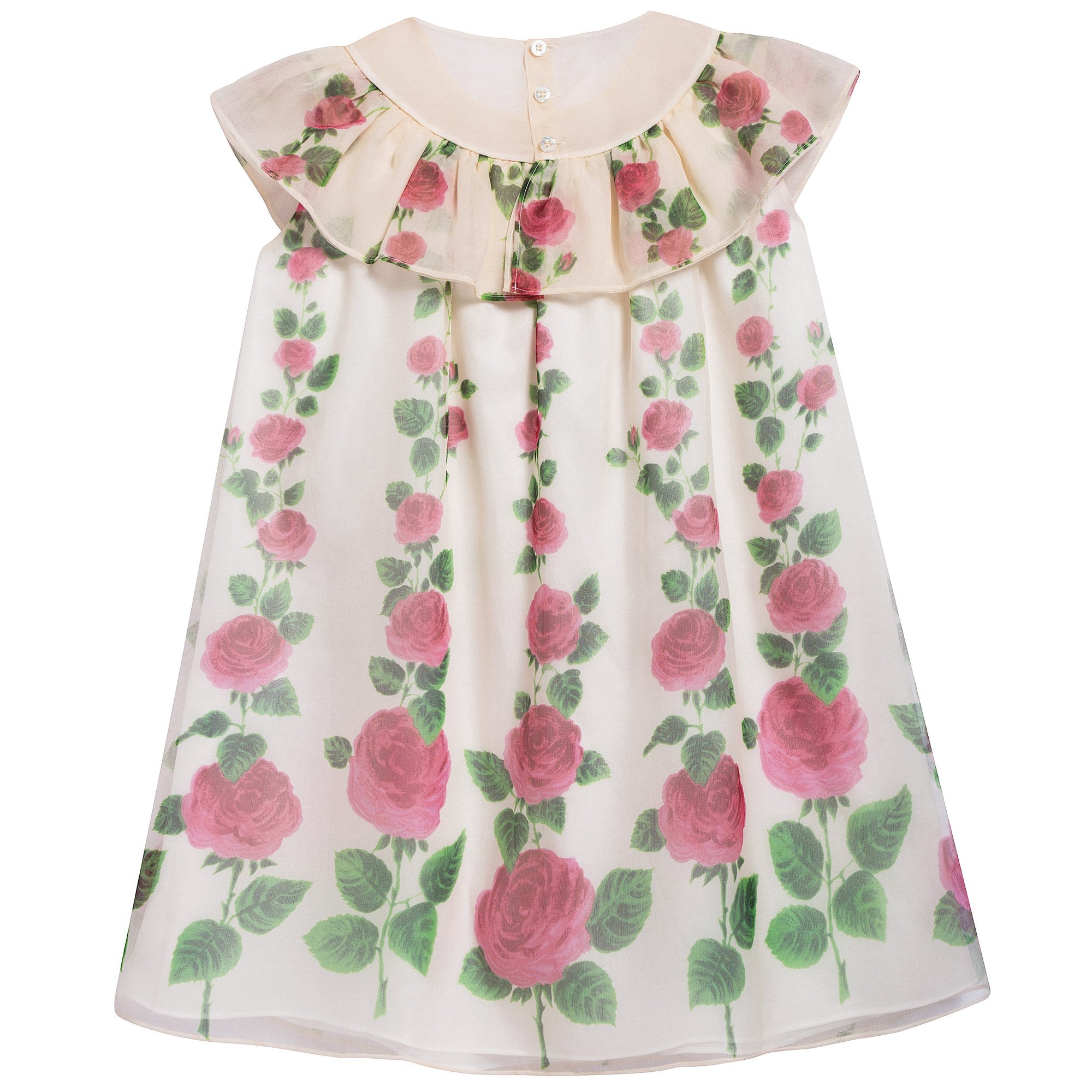 Girls Ivory & Pink Printed Silk Dress