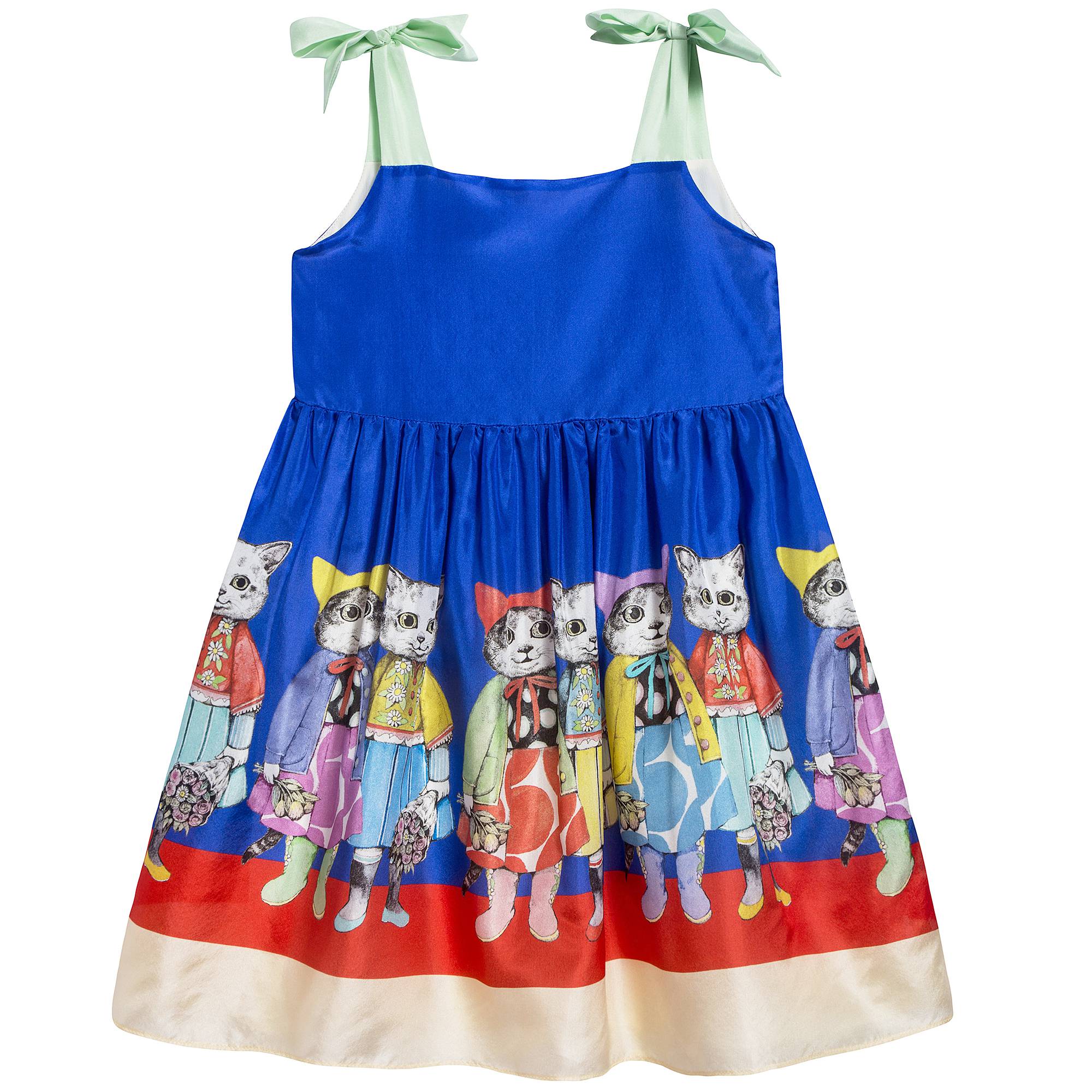 Girls Blue Silk Cat Print Dress