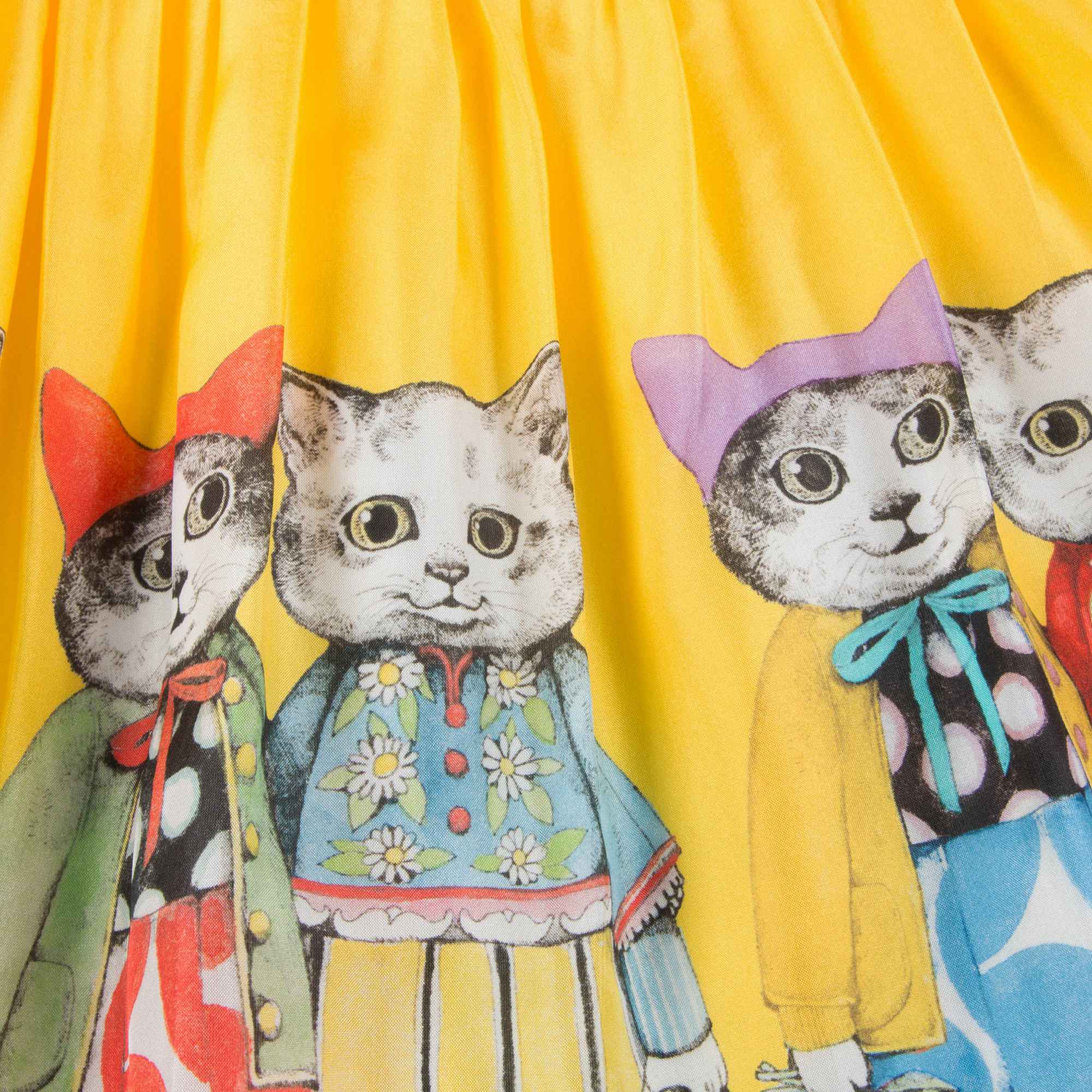 Girls Yellow & Blue Silk Cat Print Dress
