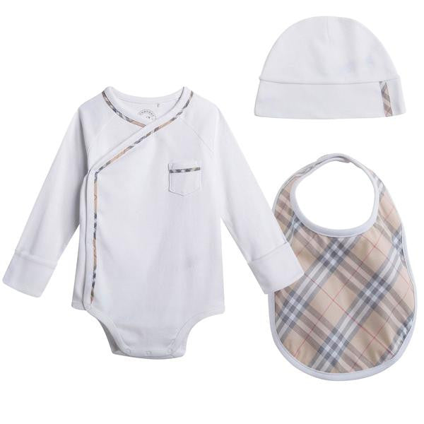 Baby White Check Cotton Three-piece Gift Set With Pocket