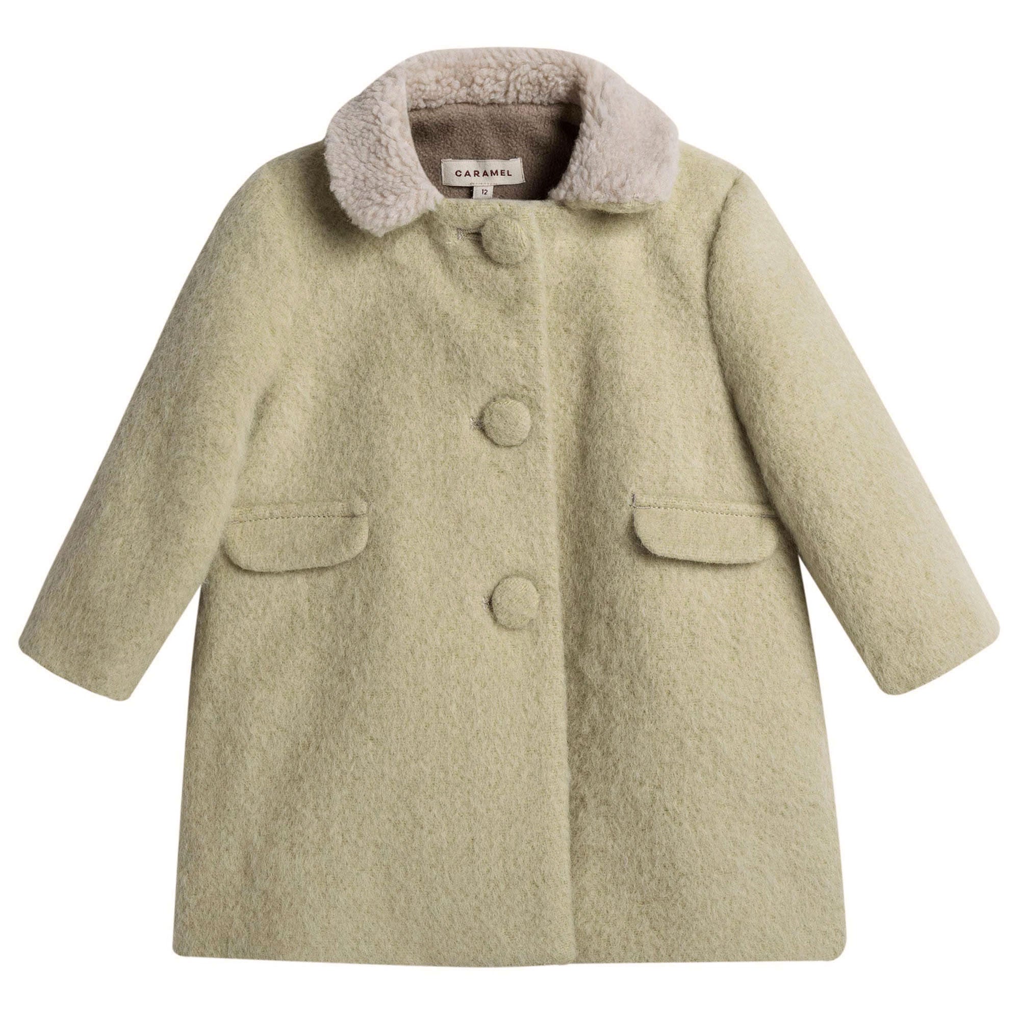 Baby Light Green Fur Collar Wool Coat With Patch Pocket - CÉMAROSE | Children's Fashion Store - 1