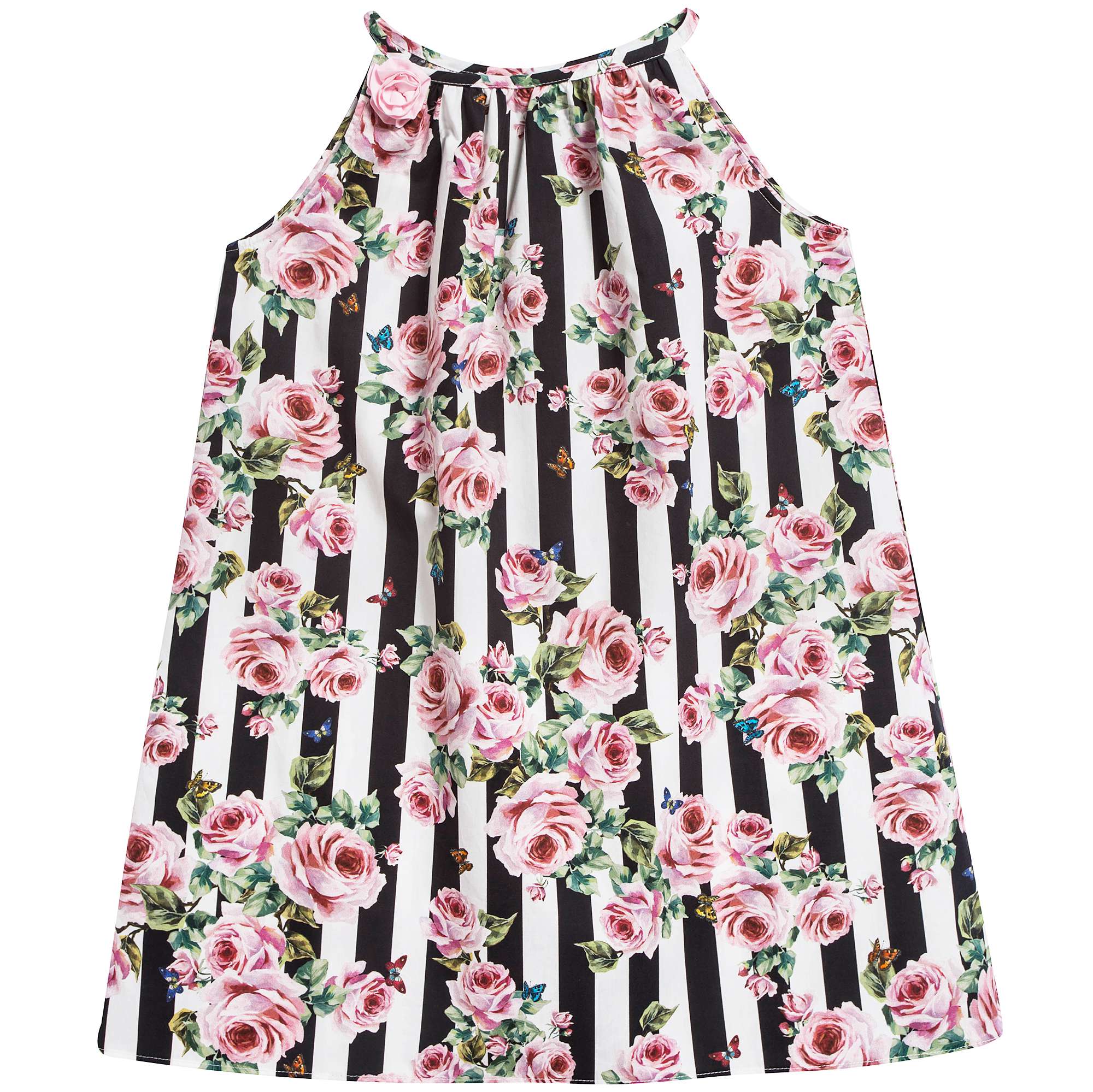 Baby Girls Pink&Black Striped Rose Cotton Dress