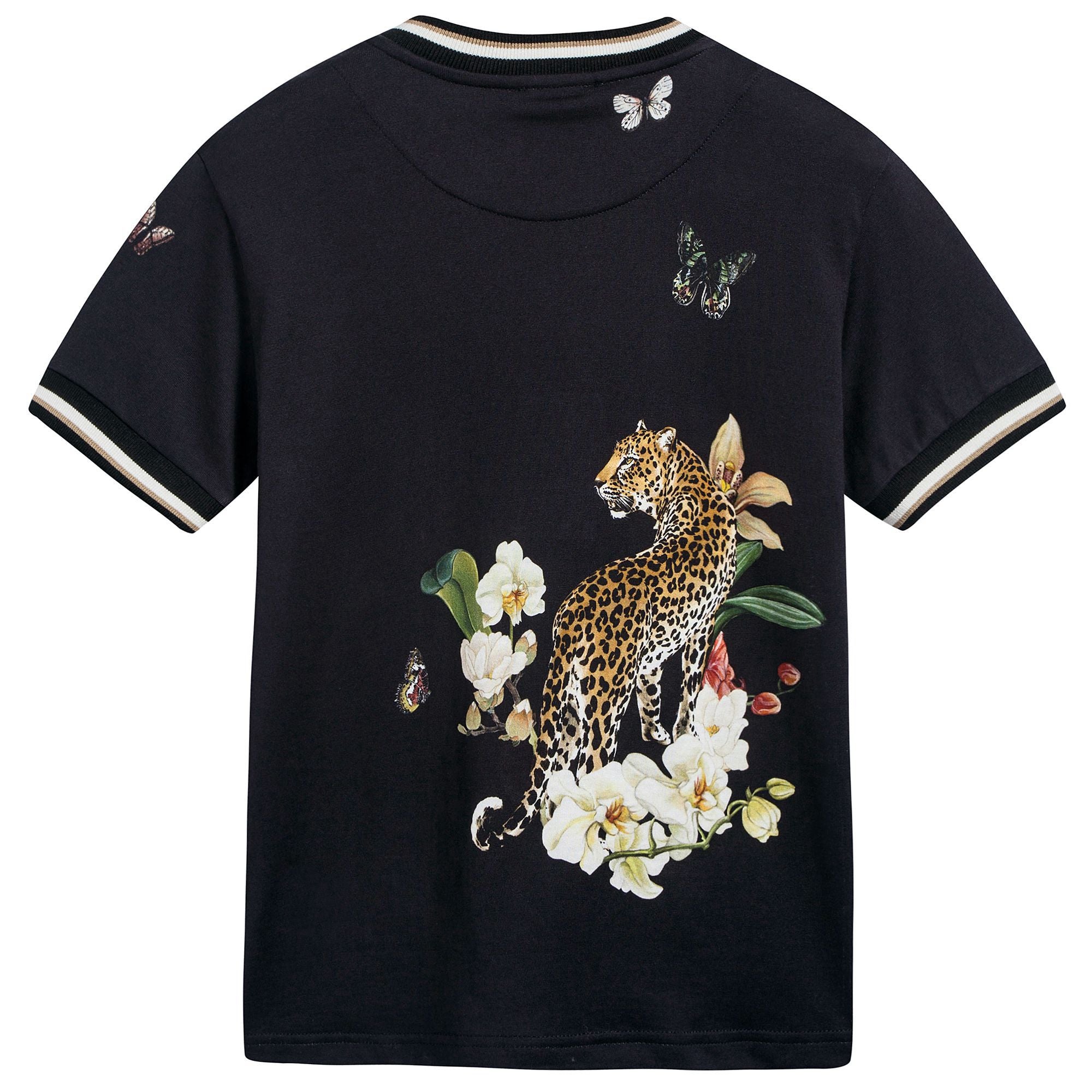 Boys Black "Leopard  Printed" Cotton T-shirt