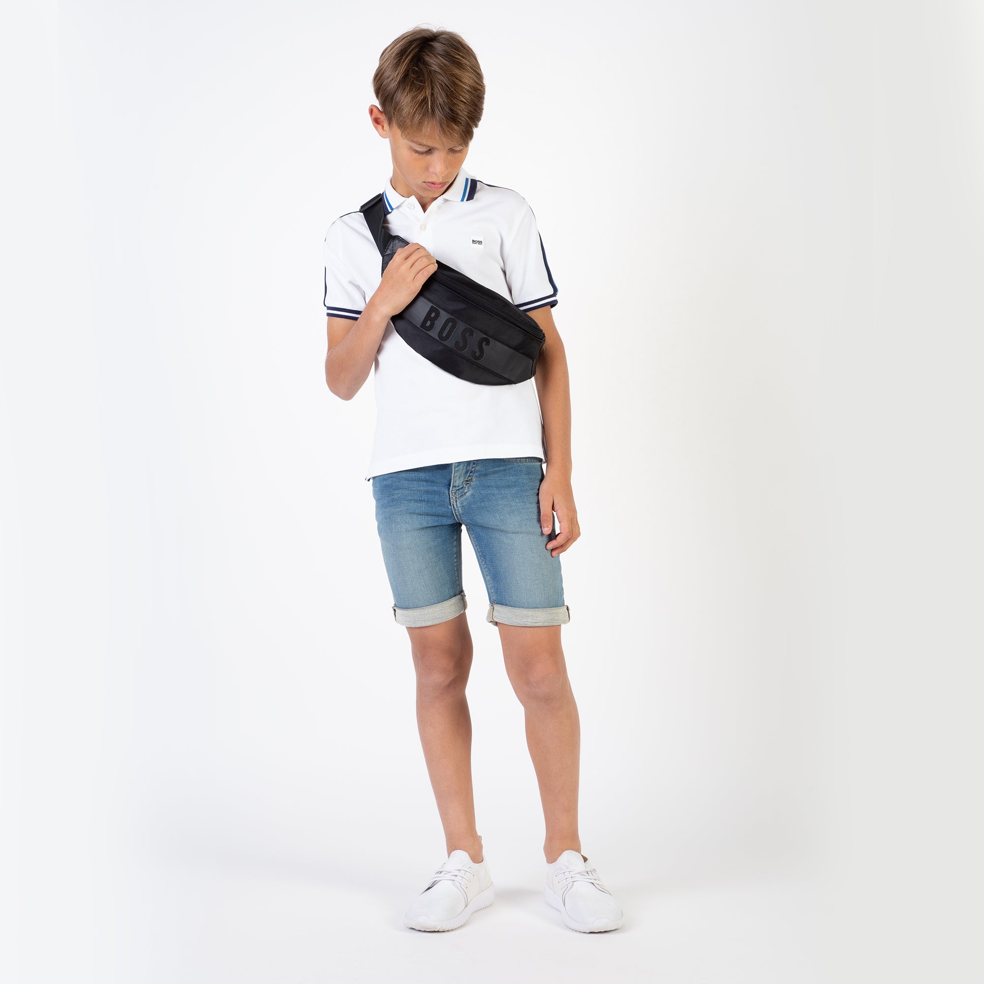 Boys White & Black Cotton Polo Shirt