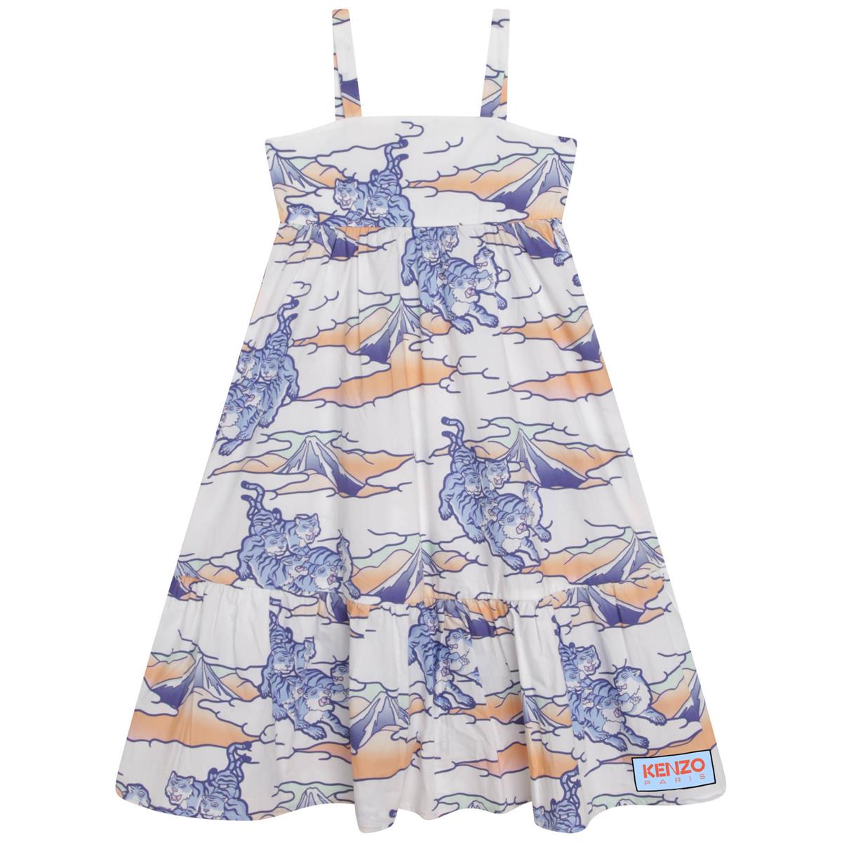 Girls White Printed Strap Dress