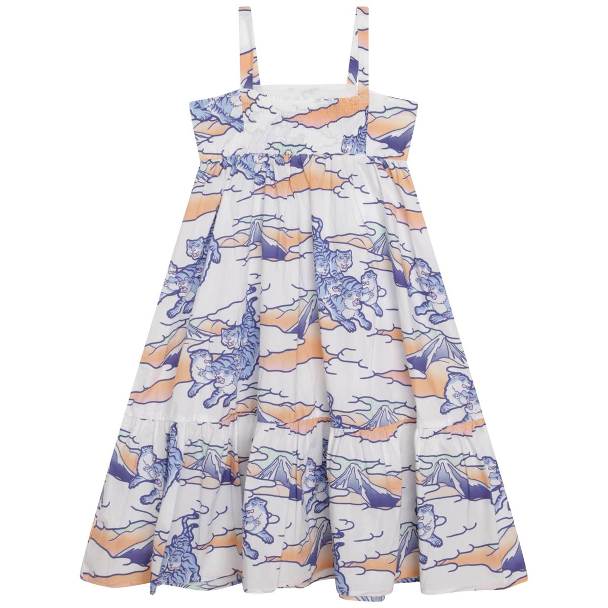 Girls White Printed Strap Dress