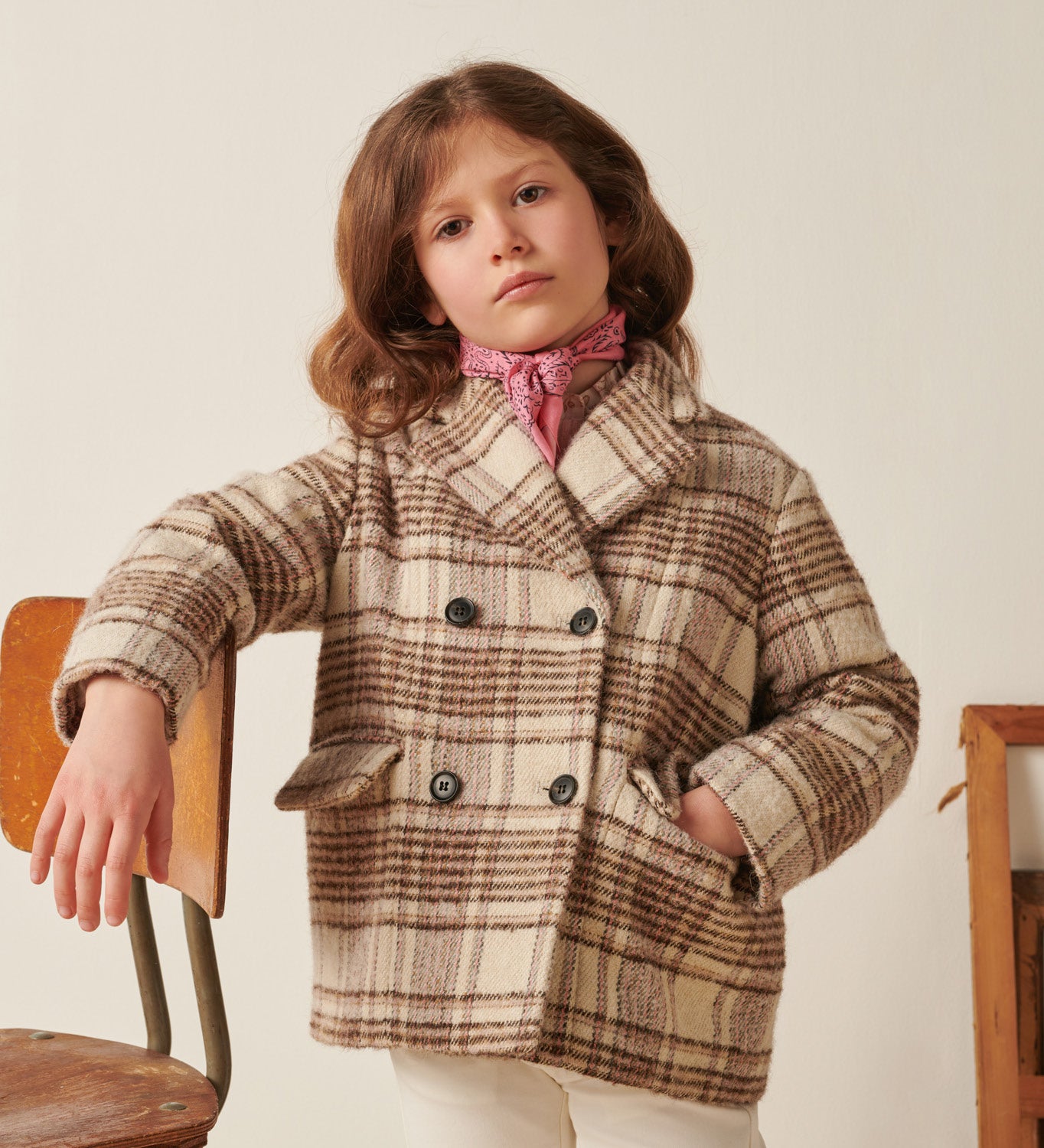 Girls Beige Check Wool Coat