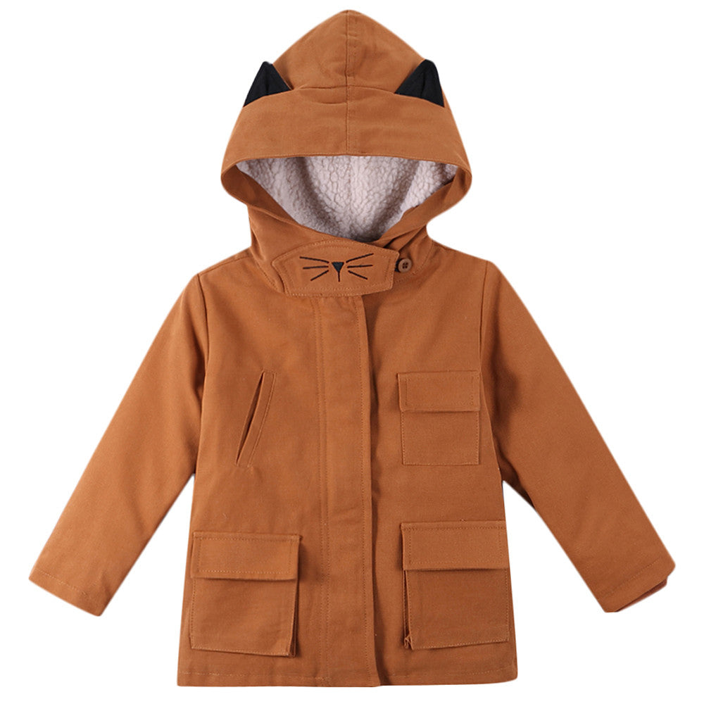 Girls Brown Ear Trims Hooded Cotton Jacket - CÉMAROSE | Children's Fashion Store - 1