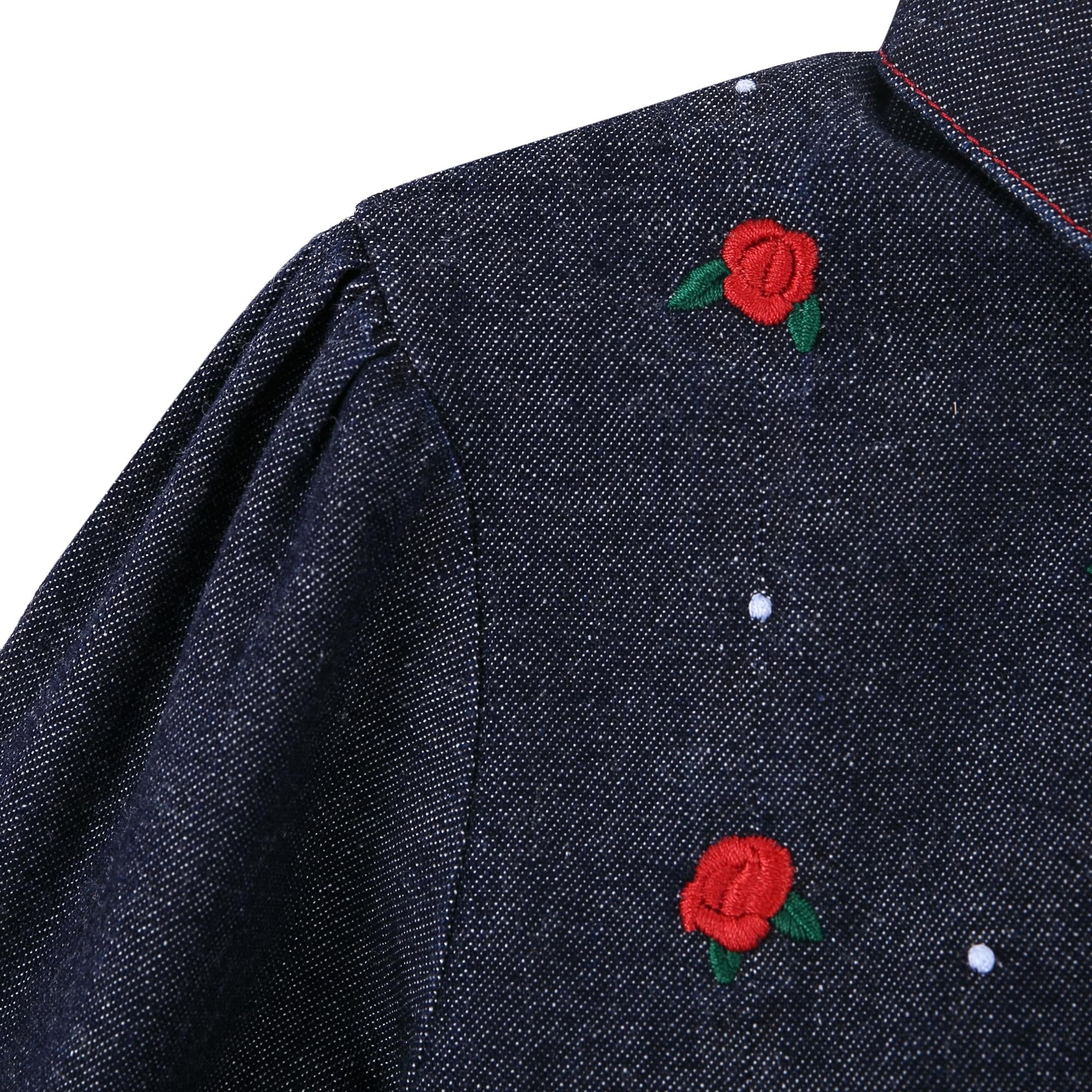 Baby Girls Blue Denim Shirt With Red Embroidered Flower Trims - CÉMAROSE | Children's Fashion Store - 5
