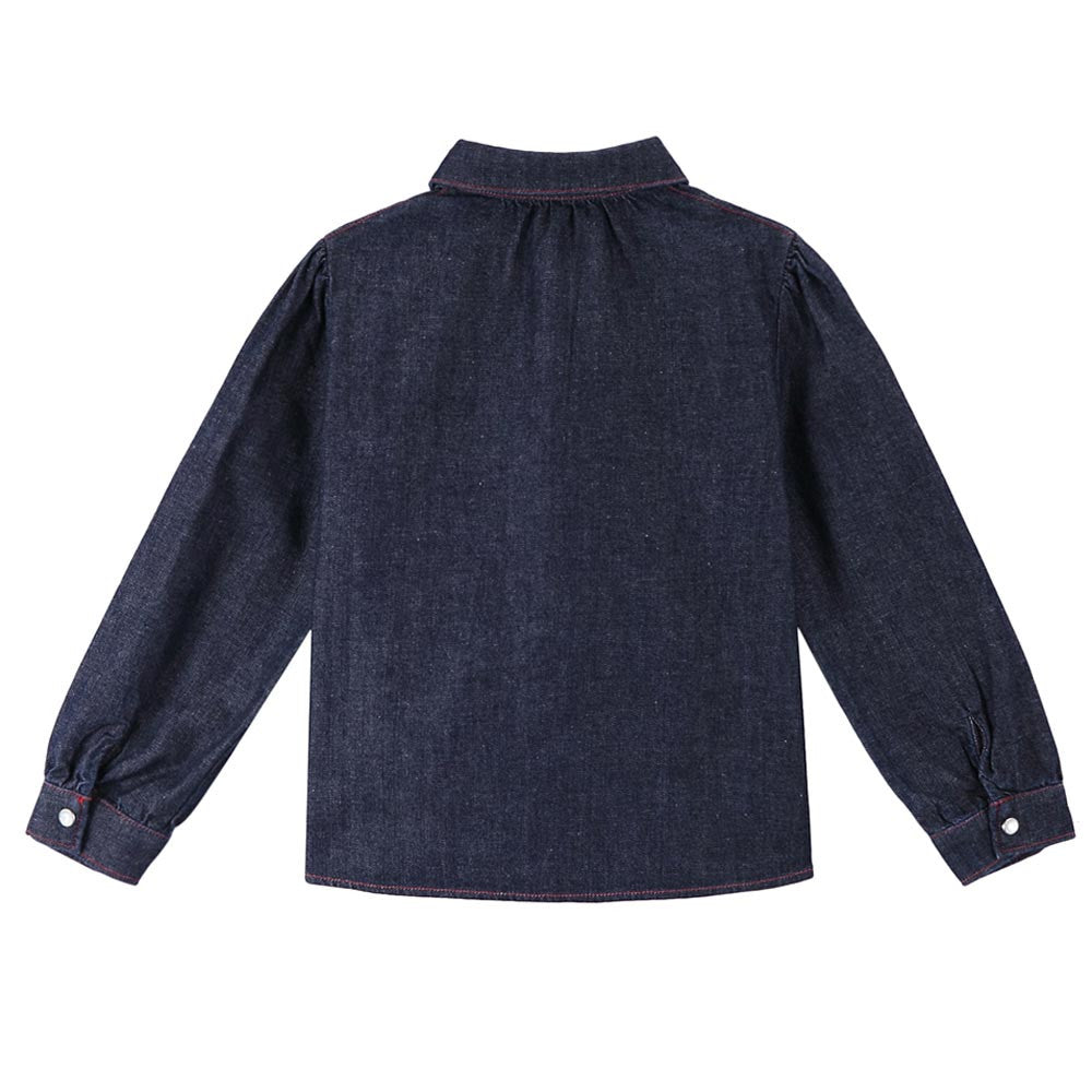Baby Girls Blue Denim Shirt With Red Embroidered Flower Trims - CÉMAROSE | Children's Fashion Store - 2