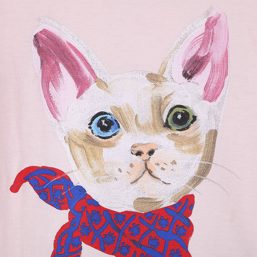 Girls Pink Cotton T-Shirt With Colorful Cat Print Trims - CÉMAROSE | Children's Fashion Store - 4