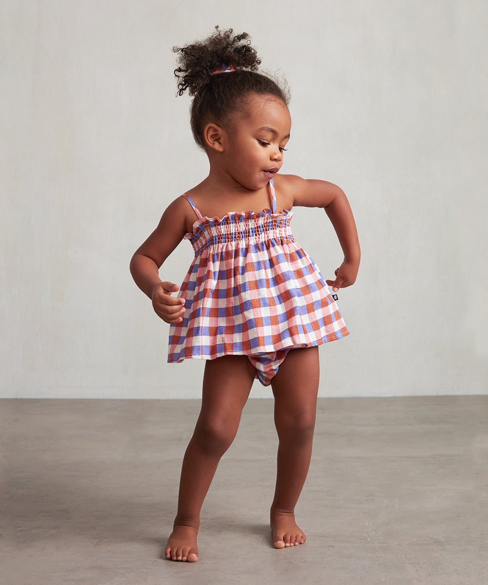 Ensemble robe en lin à carreaux rose pour bébé fille