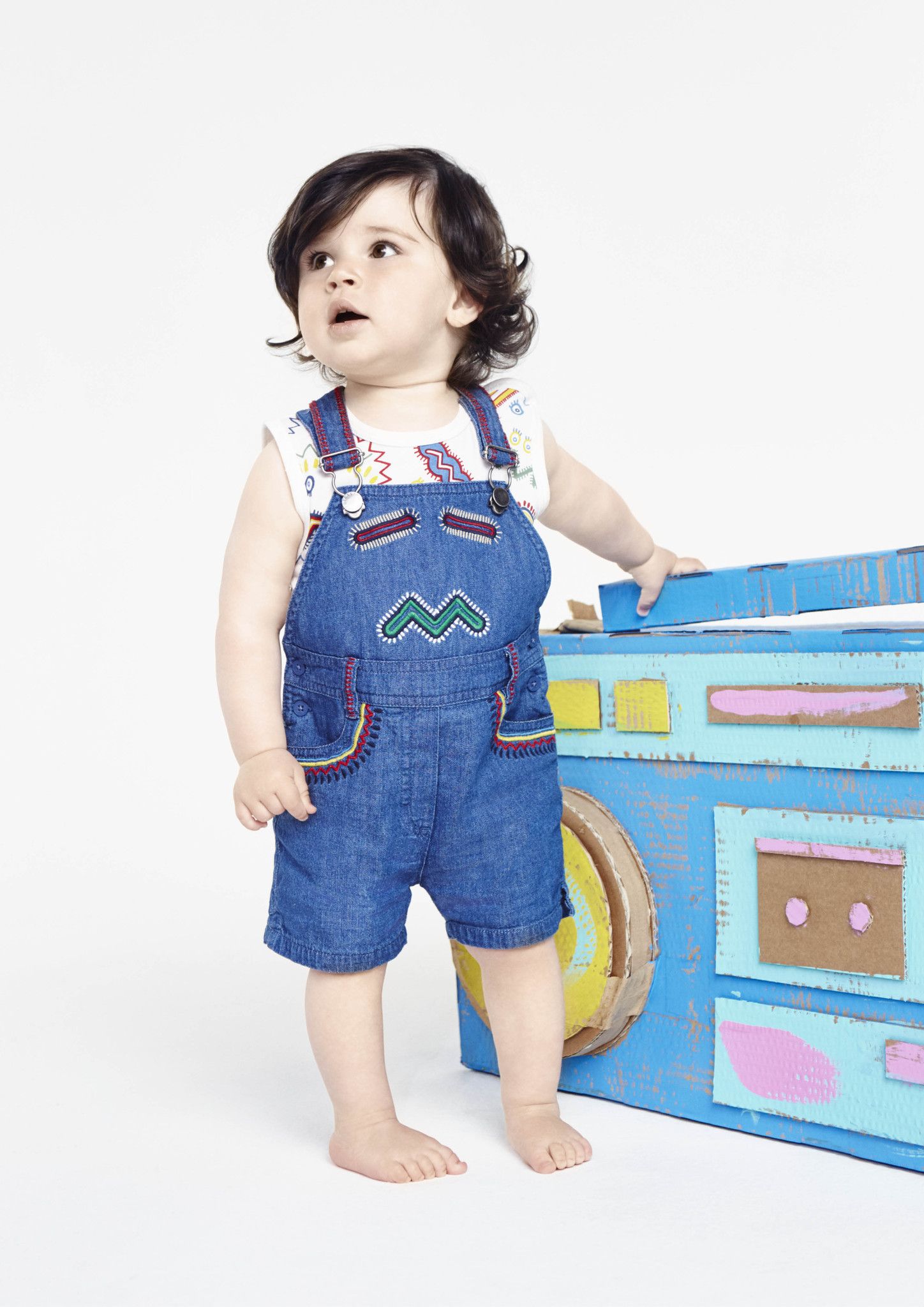 Baby Blue Cotton Denim Zig Zag Printed Trims Romper - CÉMAROSE | Children's Fashion Store - 2
