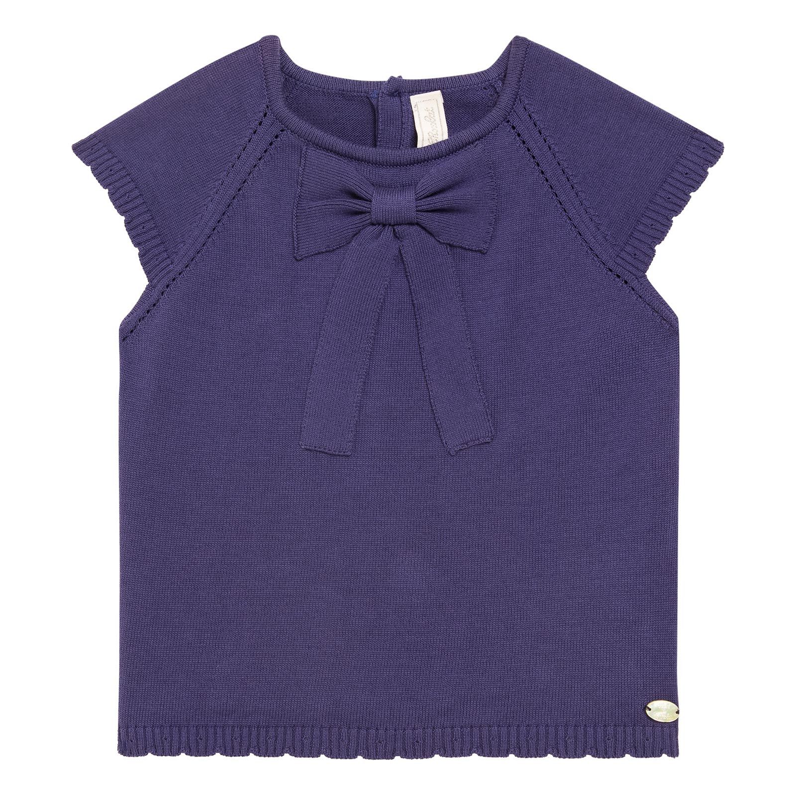 Girls Navy Blue Cotton Knitted Bow Trims Sweater - CÉMAROSE | Children's Fashion Store