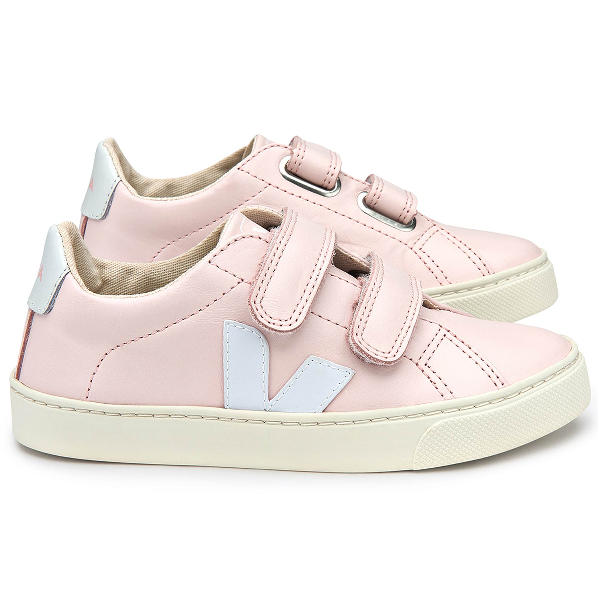 Girls  Pink   Leather Velcro   With  White  "V" Shoes