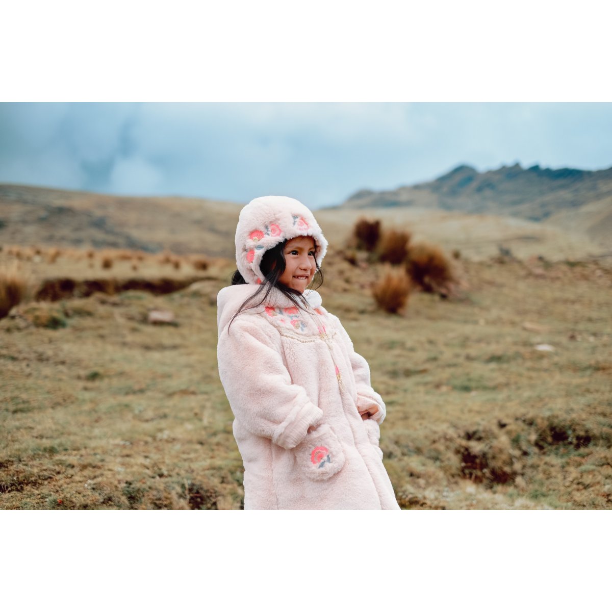 Girls Cream Embroidered Hooded Coat