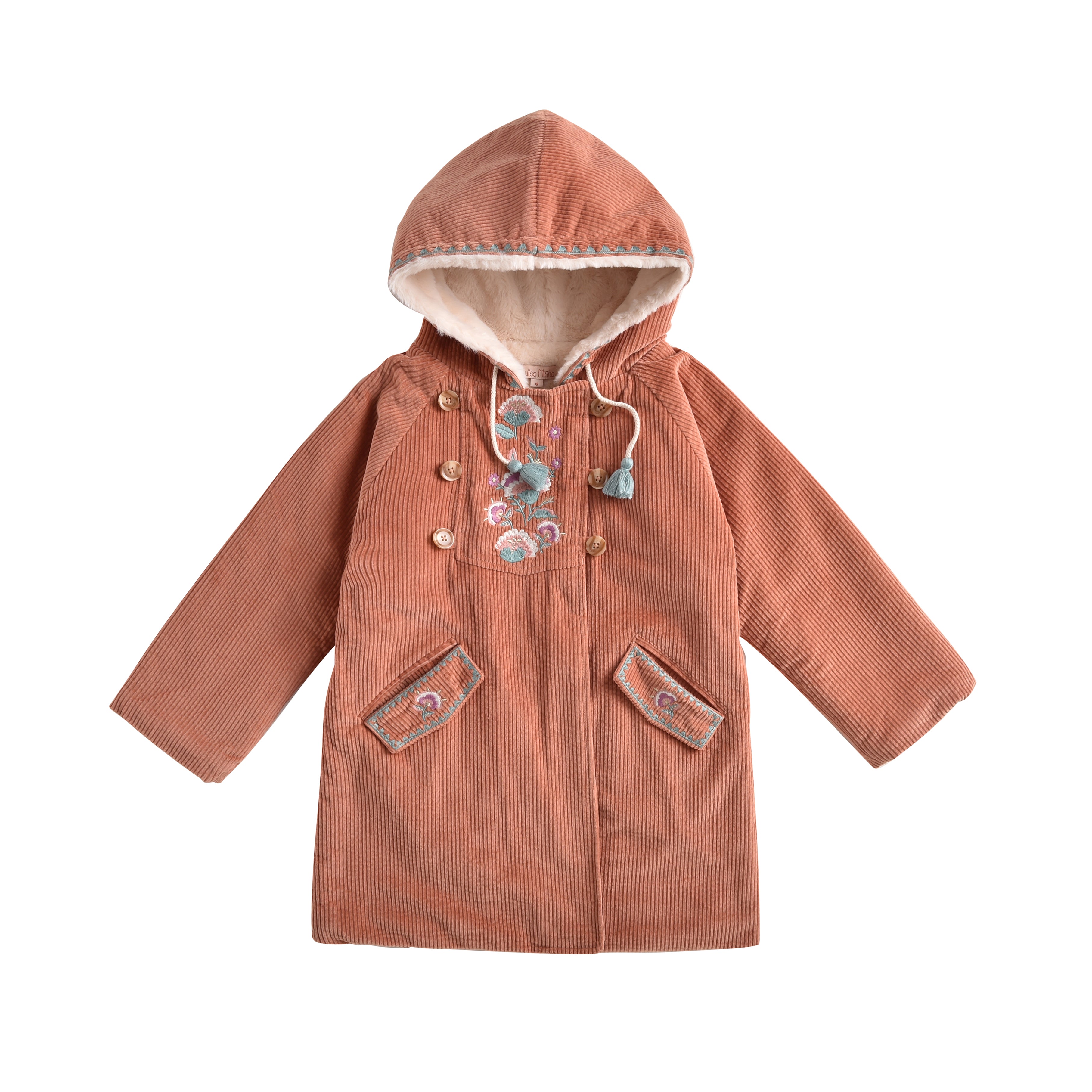 Girls Terracotta Embroidered Cotton Coat